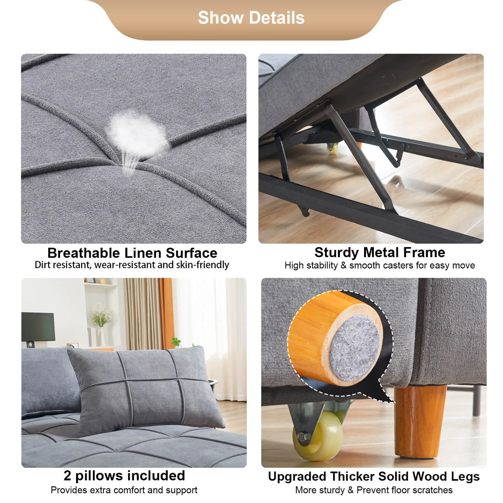 Set of 2 Sofa Bed 3-in-1 Convertible Chair Multi-Functional Sofa Bed (Dark Grey)