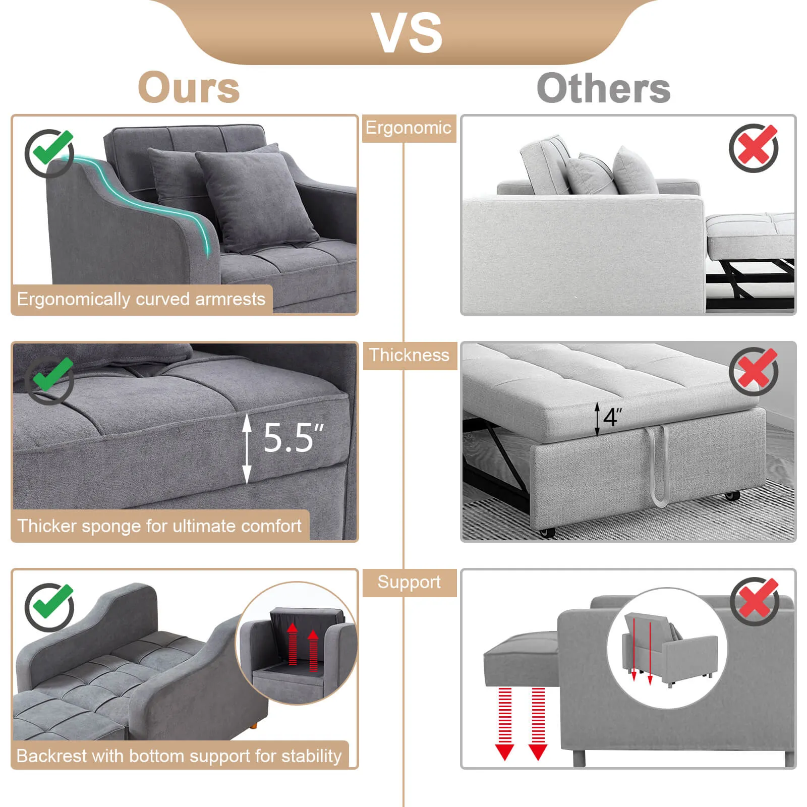 Set of 2 Sofa Bed 3-in-1 Convertible Chair Multi-Functional Sofa Bed (Dark Grey)