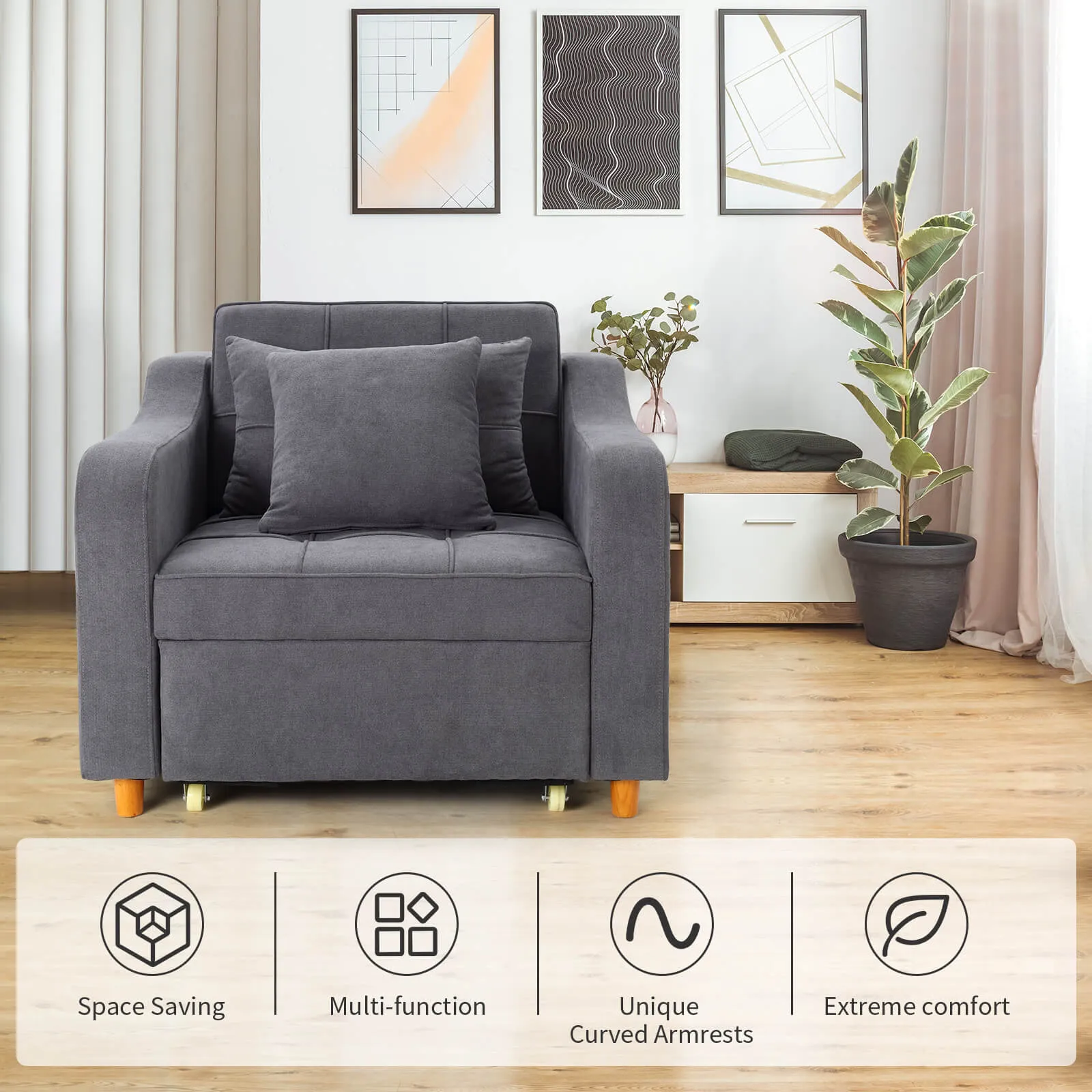 Set of 2 Sofa Bed 3-in-1 Convertible Chair Multi-Functional Sofa Bed (Dark Grey)