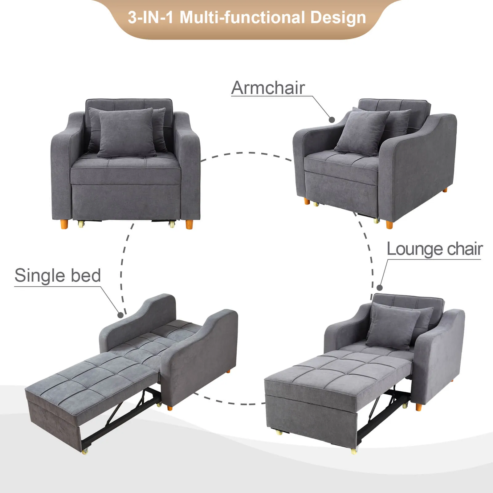 Set of 2 Sofa Bed 3-in-1 Convertible Chair Multi-Functional Sofa Bed (Dark Grey)
