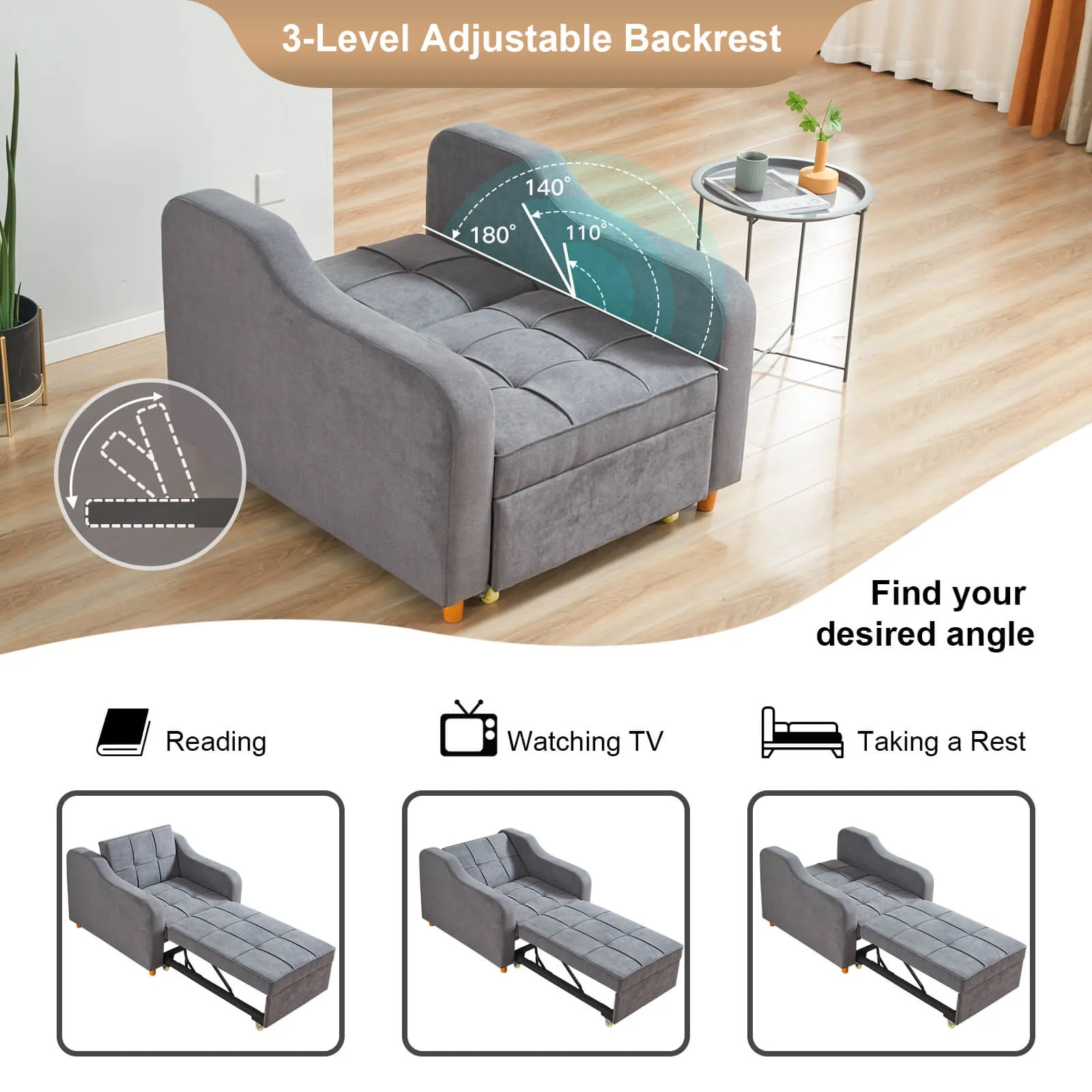 Set of 2 Sofa Bed 3-in-1 Convertible Chair Multi-Functional Sofa Bed (Dark Grey)