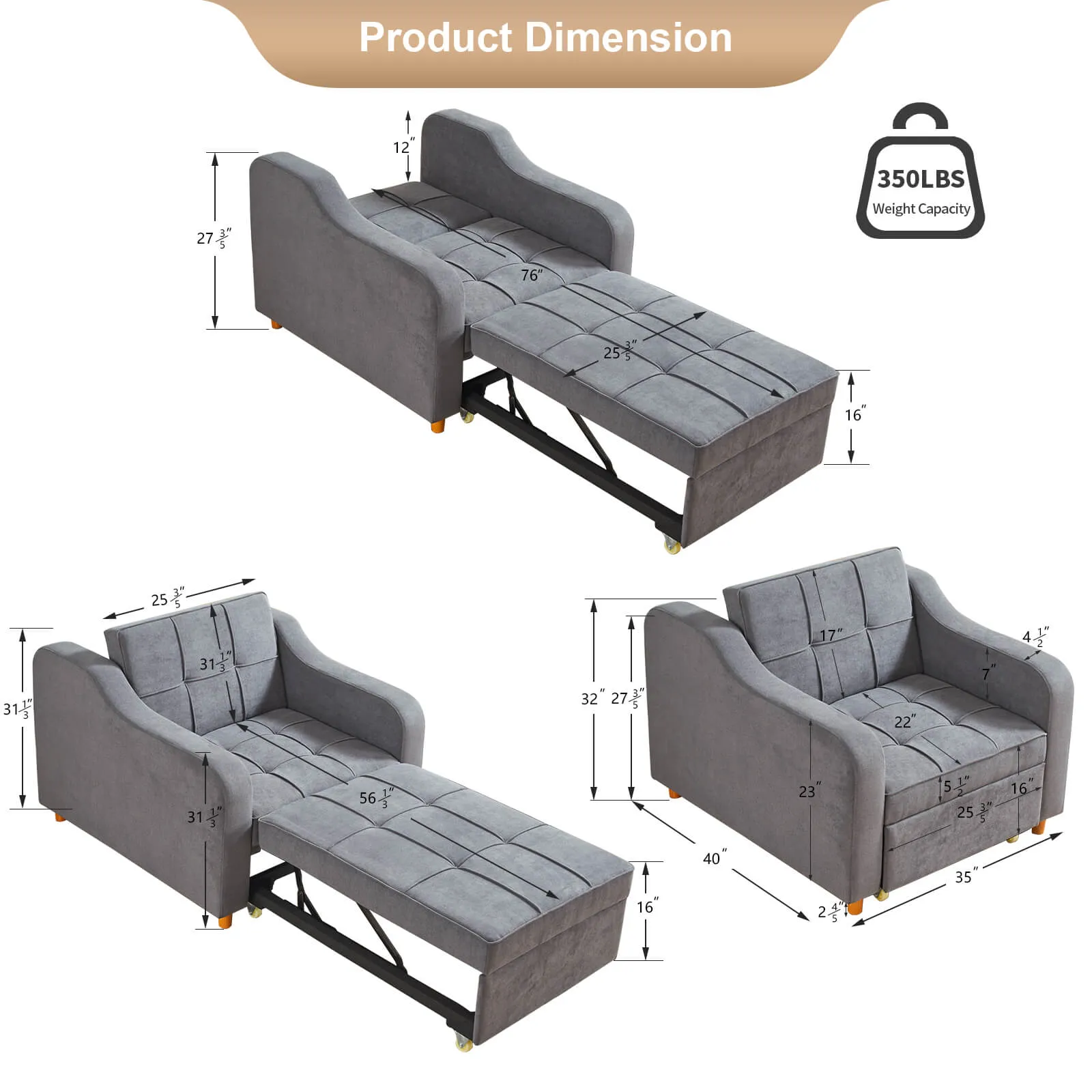 Set of 2 Sofa Bed 3-in-1 Convertible Chair Multi-Functional Sofa Bed (Dark Grey)
