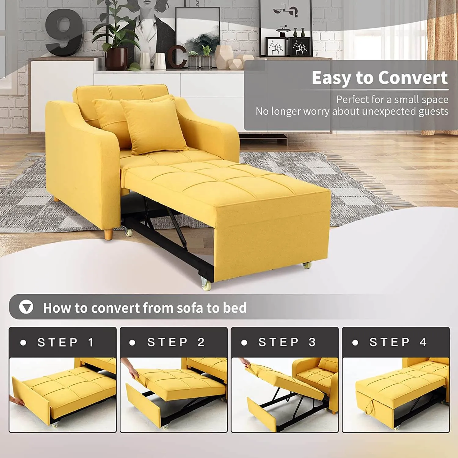 Set of 2 Upgrade Sofa Bed 3-in-1 Convertible Chair Multi-Functional Sofa Bed Adjustable Recliner(Yellow)