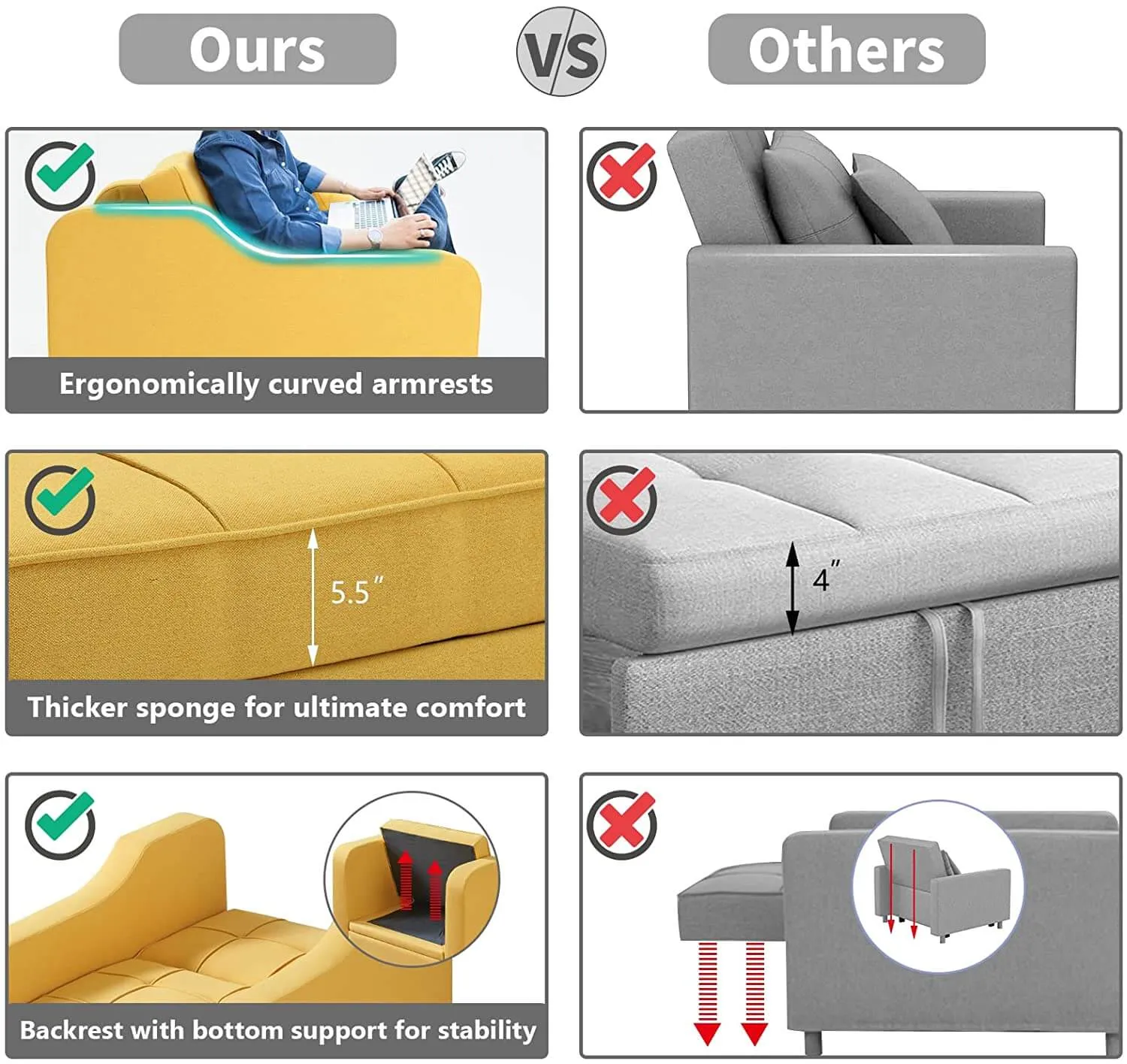 Set of 2 Upgrade Sofa Bed 3-in-1 Convertible Chair Multi-Functional Sofa Bed Adjustable Recliner(Yellow)