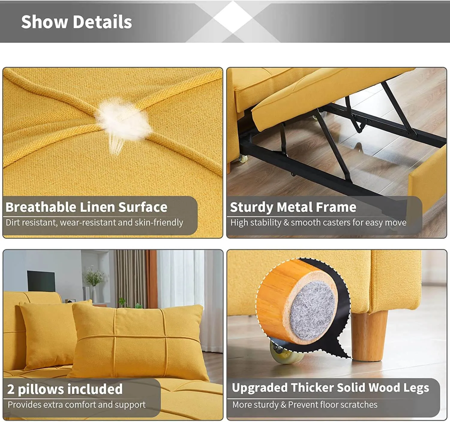 Set of 2 Upgrade Sofa Bed 3-in-1 Convertible Chair Multi-Functional Sofa Bed Adjustable Recliner(Yellow)