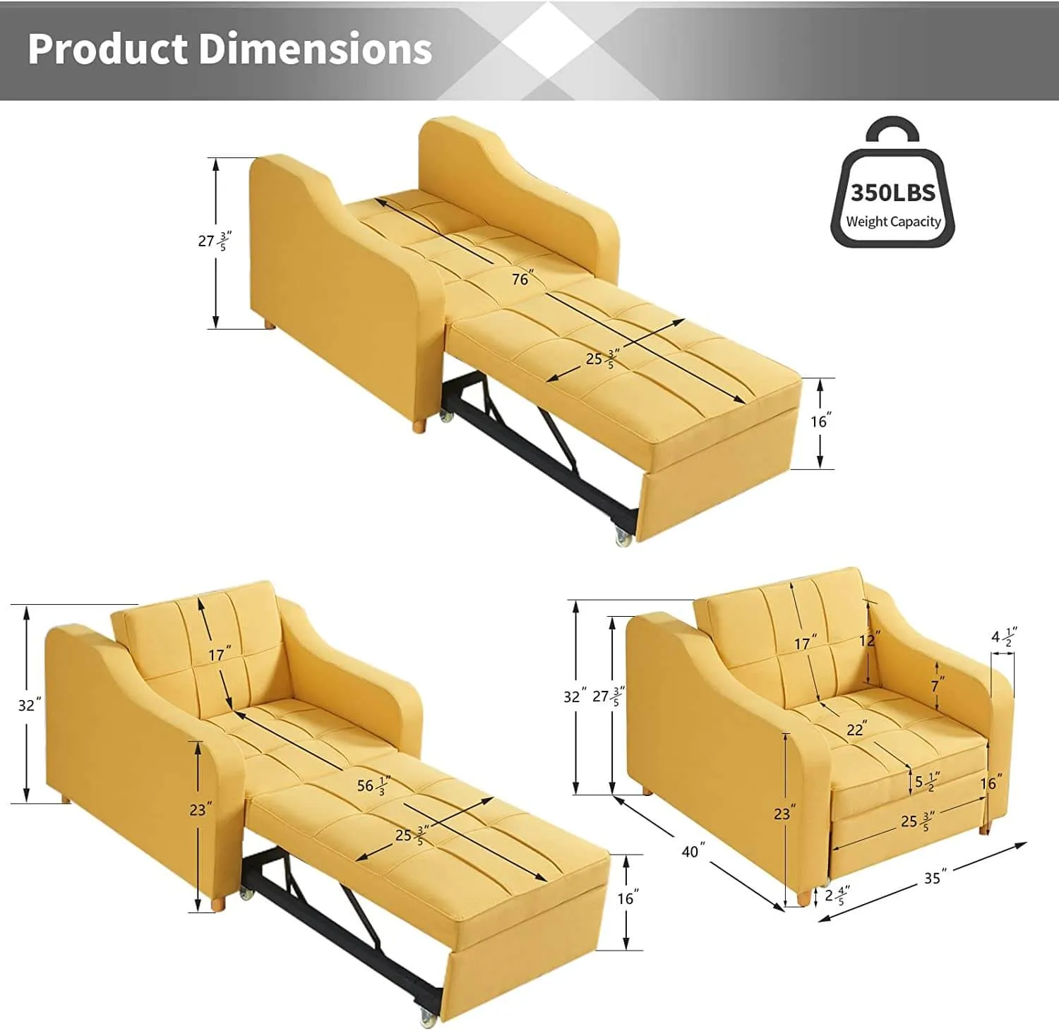 Set of 2 Upgrade Sofa Bed 3-in-1 Convertible Chair Multi-Functional Sofa Bed Adjustable Recliner(Yellow)