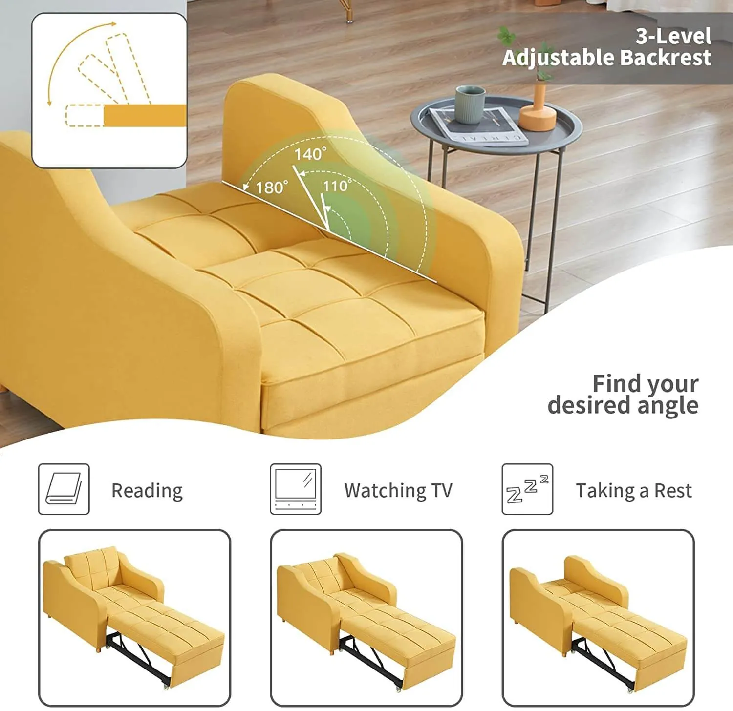 Set of 2 Upgrade Sofa Bed 3-in-1 Convertible Chair Multi-Functional Sofa Bed Adjustable Recliner(Yellow)