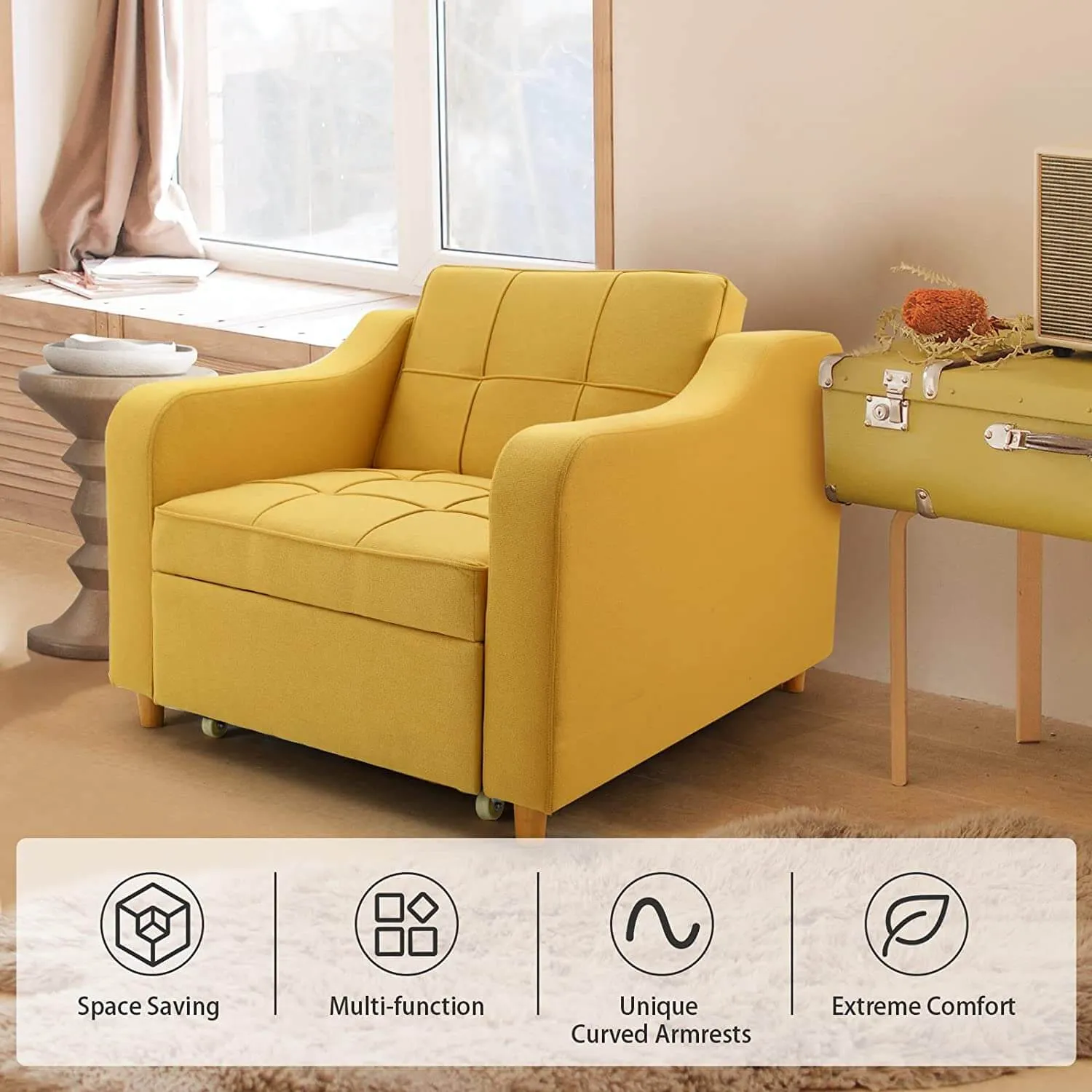 Set of 2 Upgrade Sofa Bed 3-in-1 Convertible Chair Multi-Functional Sofa Bed Adjustable Recliner(Yellow)