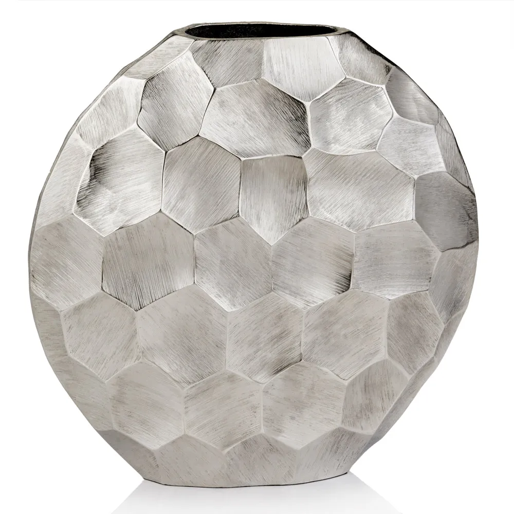 Silver Facetado Vase, Flowers, Plants, Abstract, Modern, Aluminum, Rough, Texture, Round, Centerpiece, Tabletop, 12" x 2" x 12"
