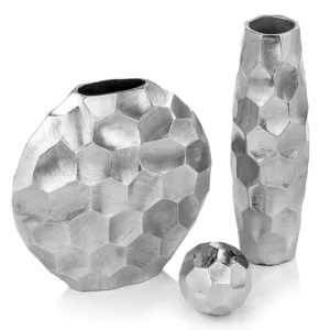 Silver Facetado Vase, Flowers, Plants, Abstract, Modern, Aluminum, Rough, Texture, Round, Centerpiece, Tabletop, 12" x 2" x 12"