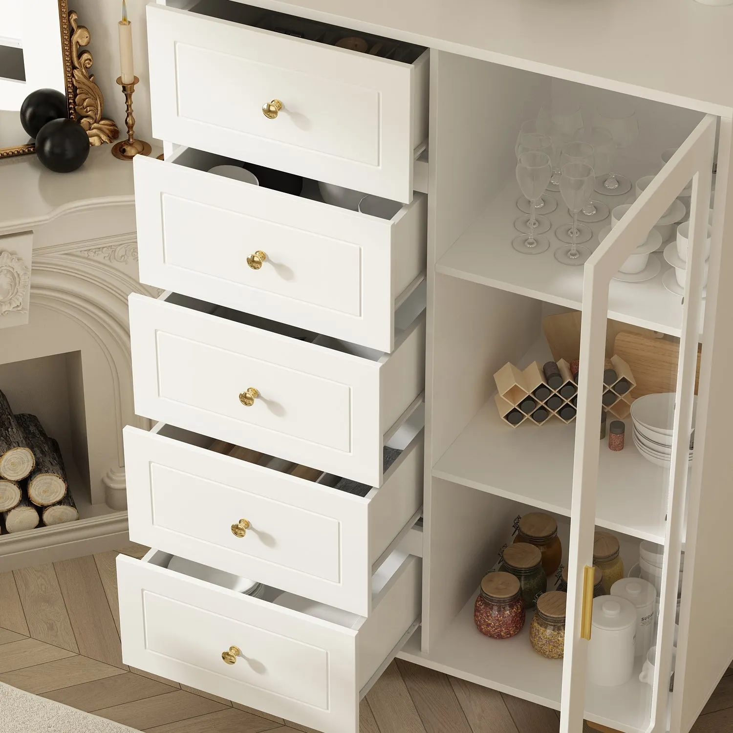 Storage Cabinet Freestanding Living Room Cabinet with 5 Drawers & Glass Door