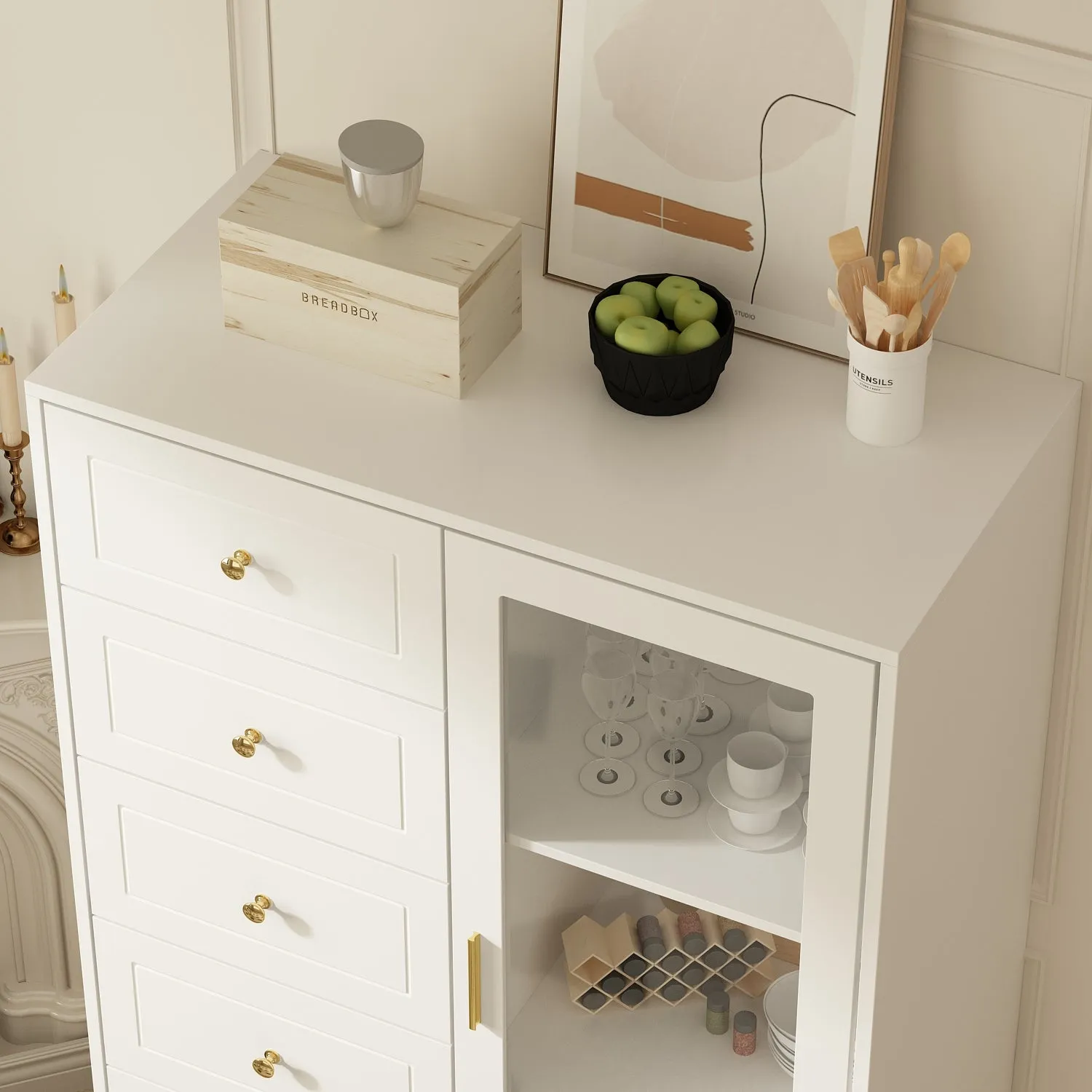 Storage Cabinet Freestanding Living Room Cabinet with 5 Drawers & Glass Door