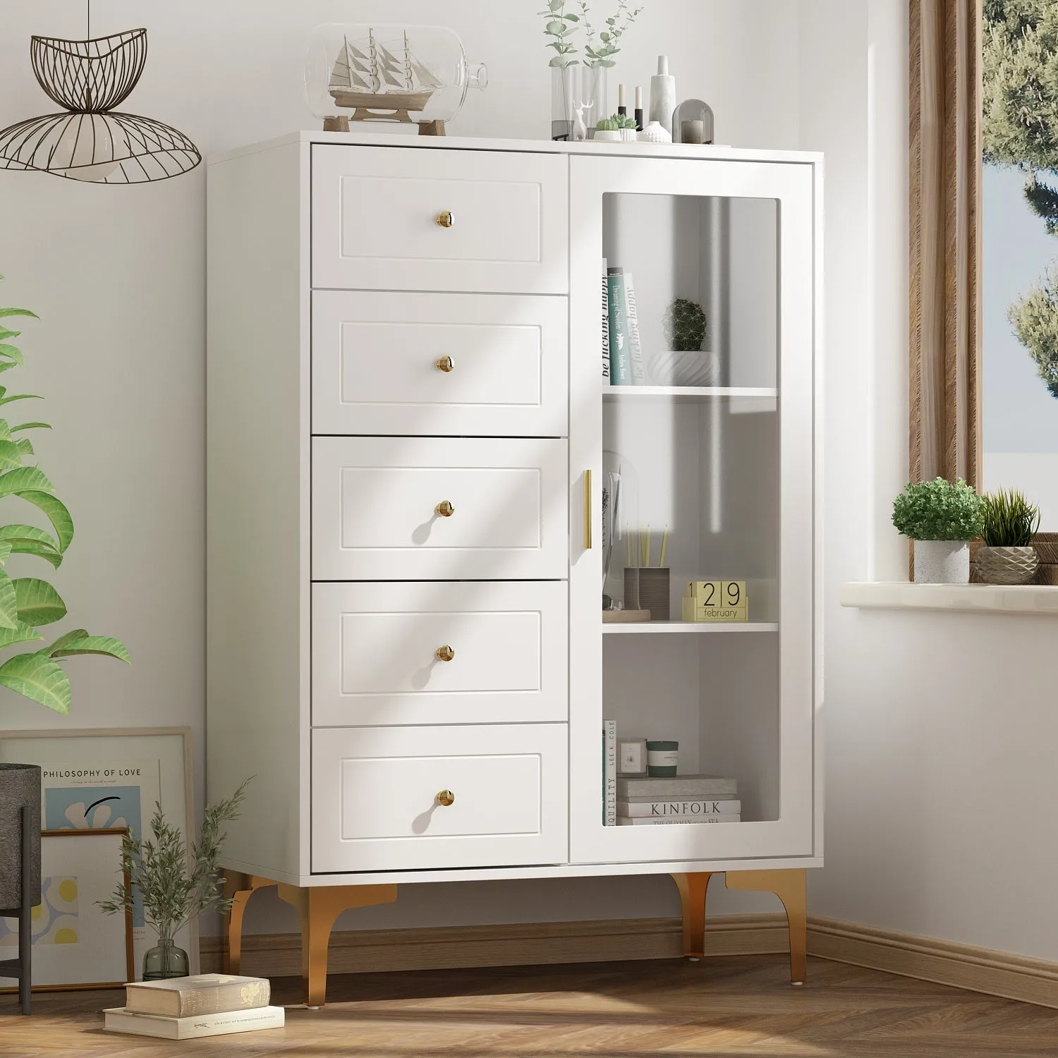 Storage Cabinet Freestanding Living Room Cabinet with 5 Drawers & Glass Door