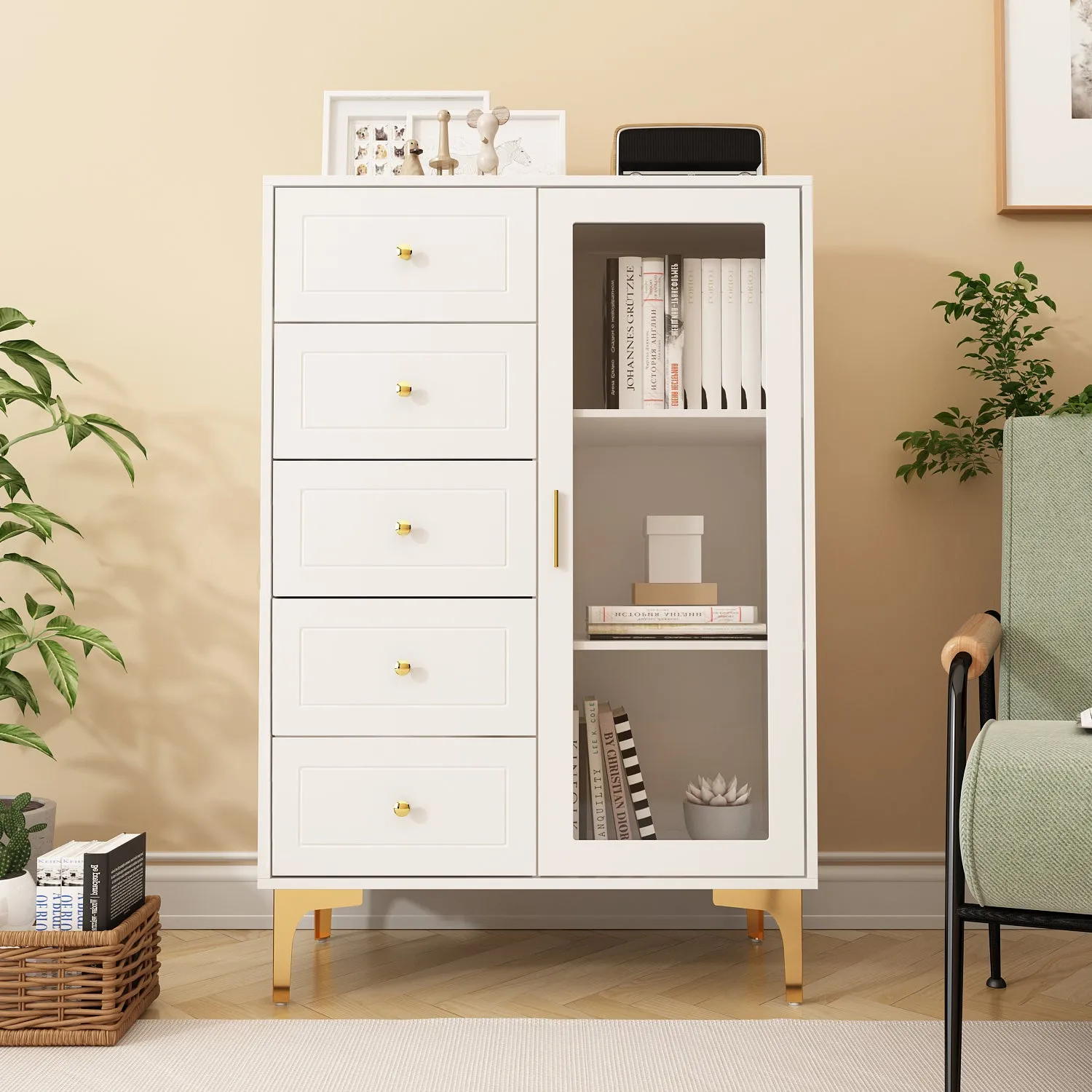 Storage Cabinet Freestanding Living Room Cabinet with 5 Drawers & Glass Door