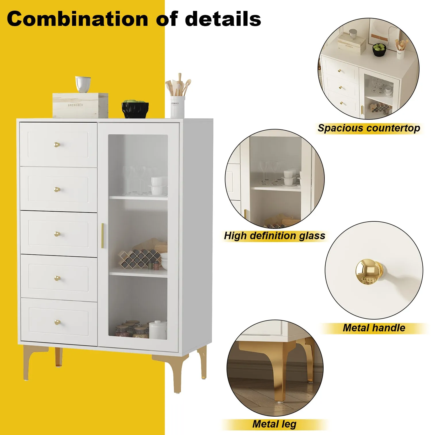 Storage Cabinet Freestanding Living Room Cabinet with 5 Drawers & Glass Door