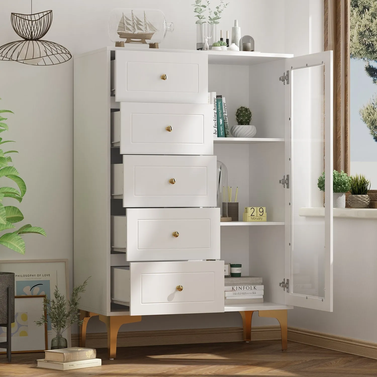 Storage Cabinet Freestanding Living Room Cabinet with 5 Drawers & Glass Door