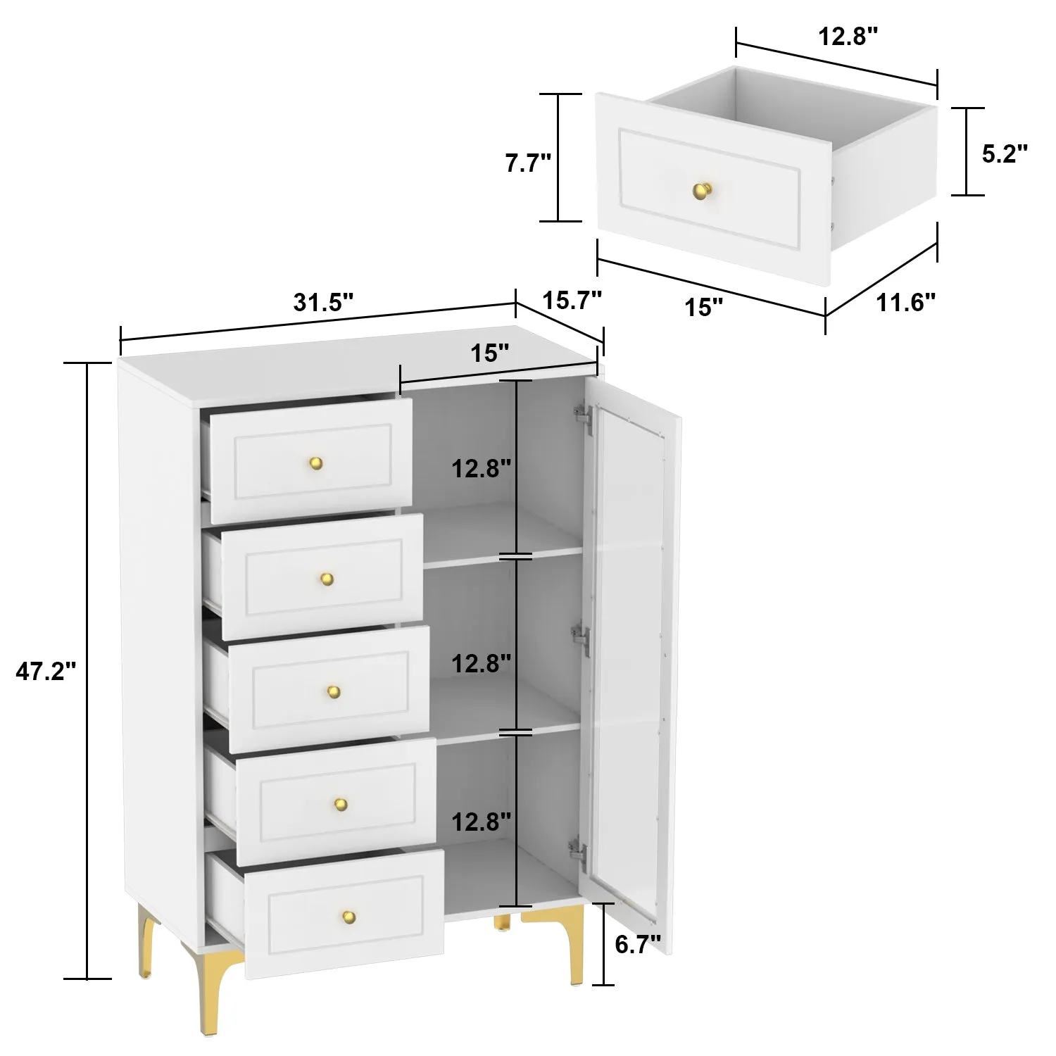 Storage Cabinet Freestanding Living Room Cabinet with 5 Drawers & Glass Door