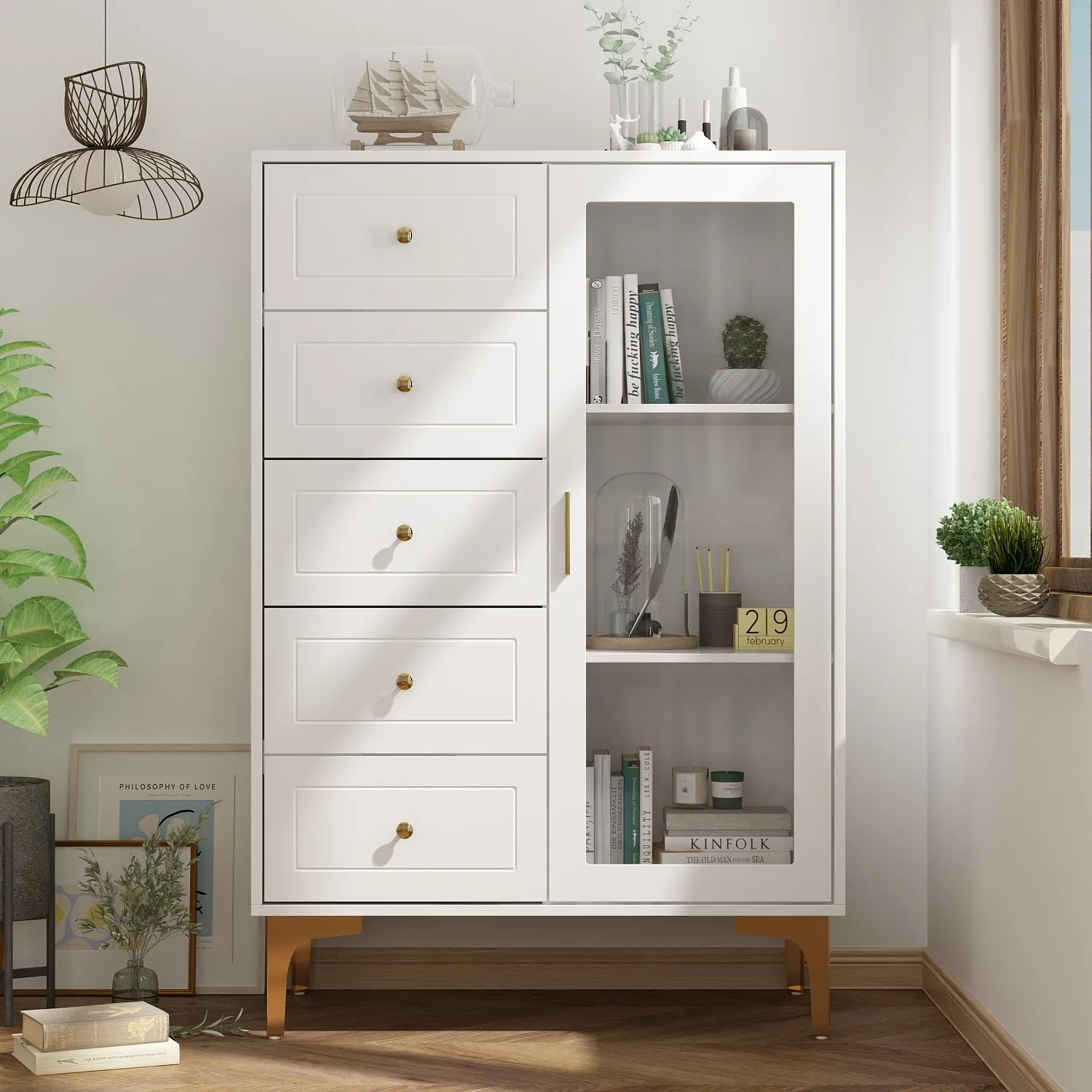 Storage Cabinet Freestanding Living Room Cabinet with 5 Drawers & Glass Door