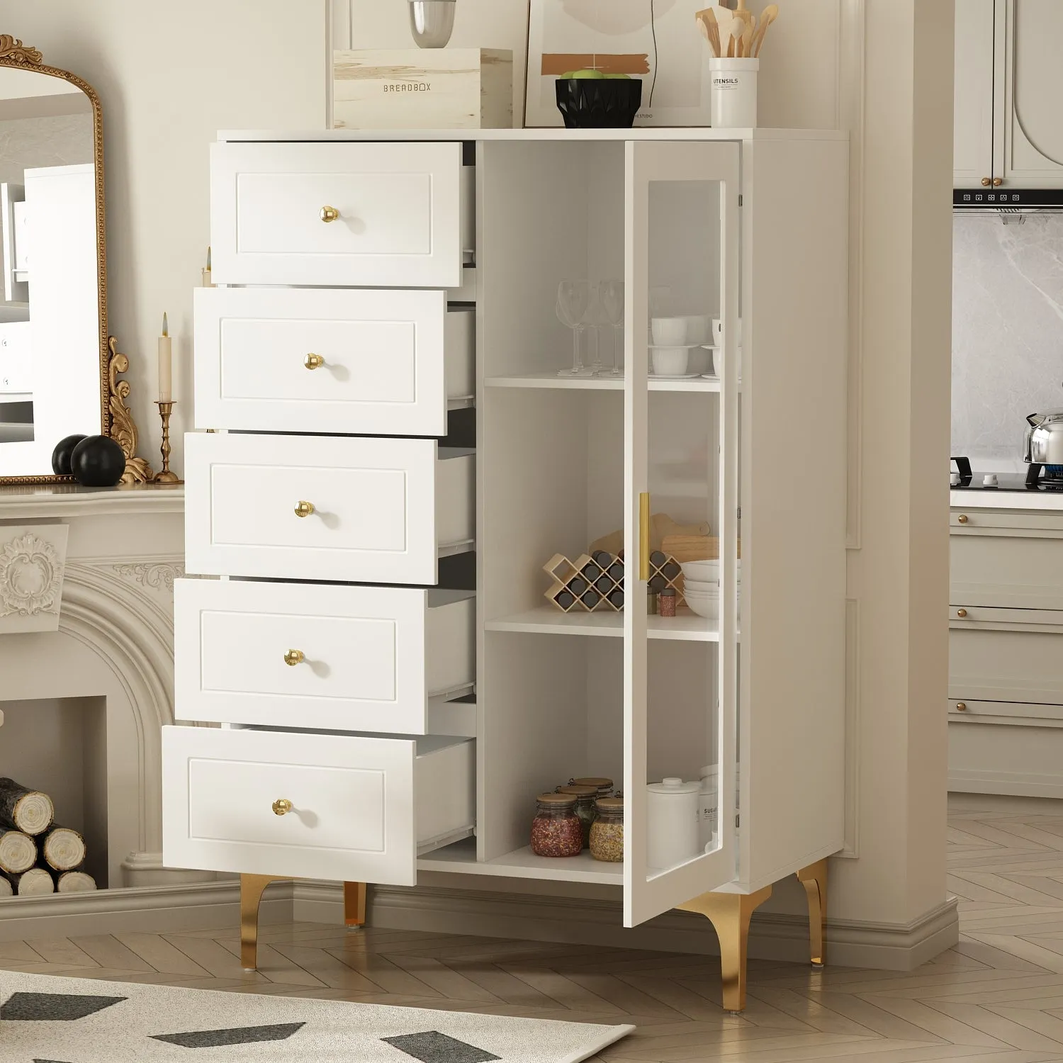 Storage Cabinet Freestanding Living Room Cabinet with 5 Drawers & Glass Door