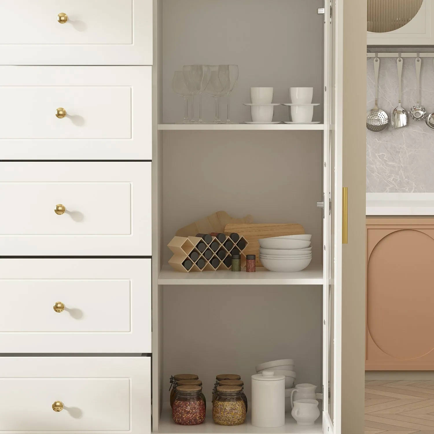 Storage Cabinet Freestanding Living Room Cabinet with 5 Drawers & Glass Door
