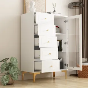 Storage Cabinet Freestanding Living Room Cabinet with 5 Drawers & Glass Door
