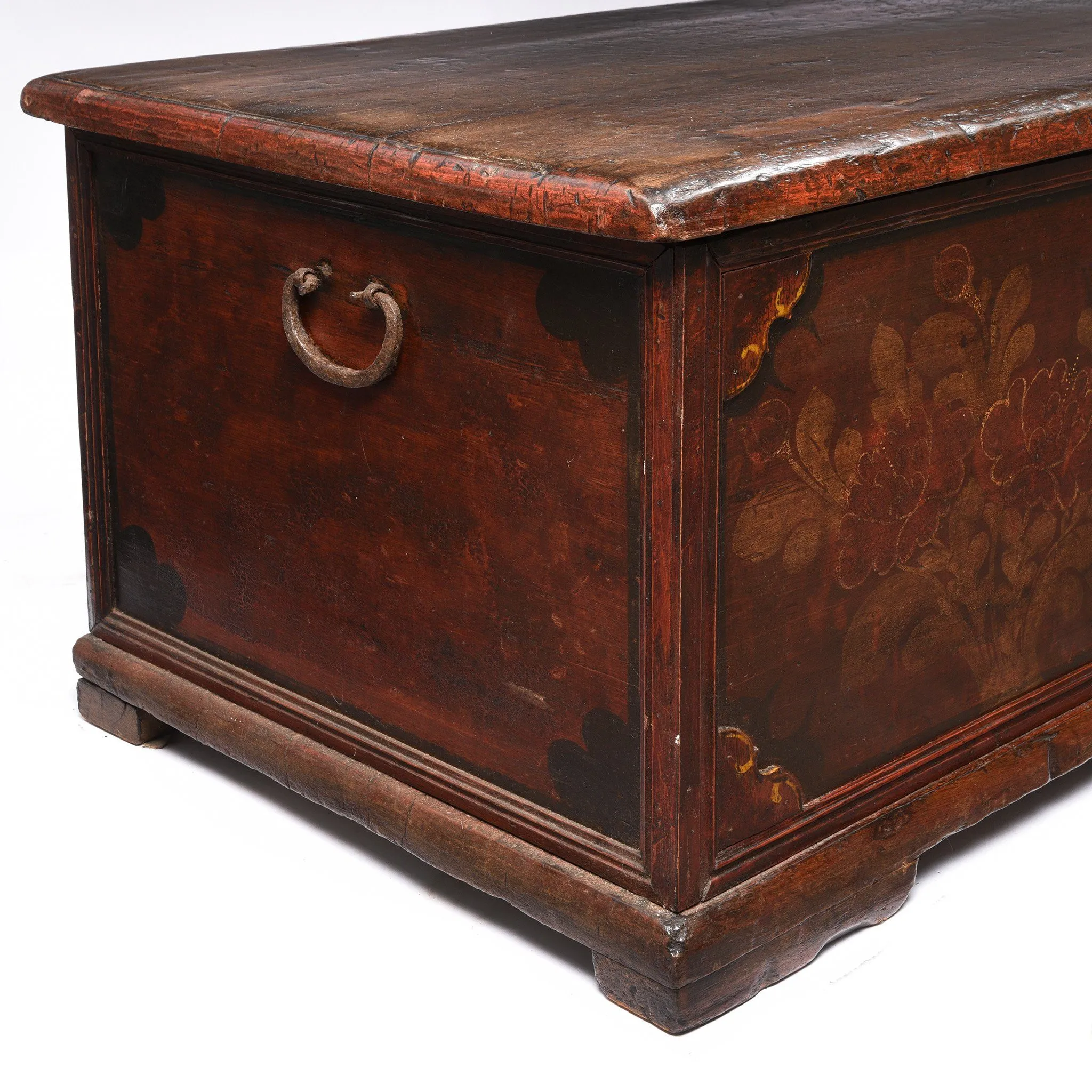 Teak Chest From South India With Original Floral Paint-19thC