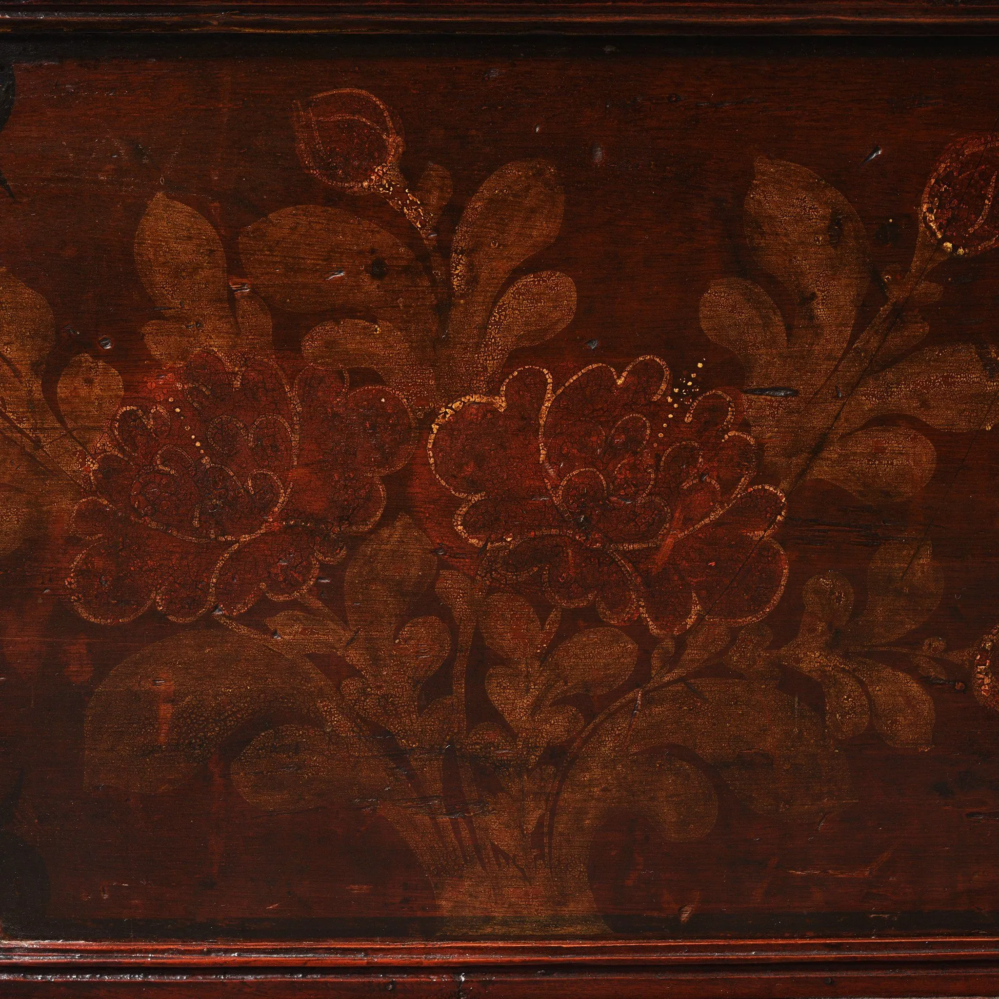 Teak Chest From South India With Original Floral Paint-19thC