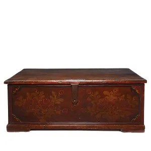 Teak Chest From South India With Original Floral Paint-19thC