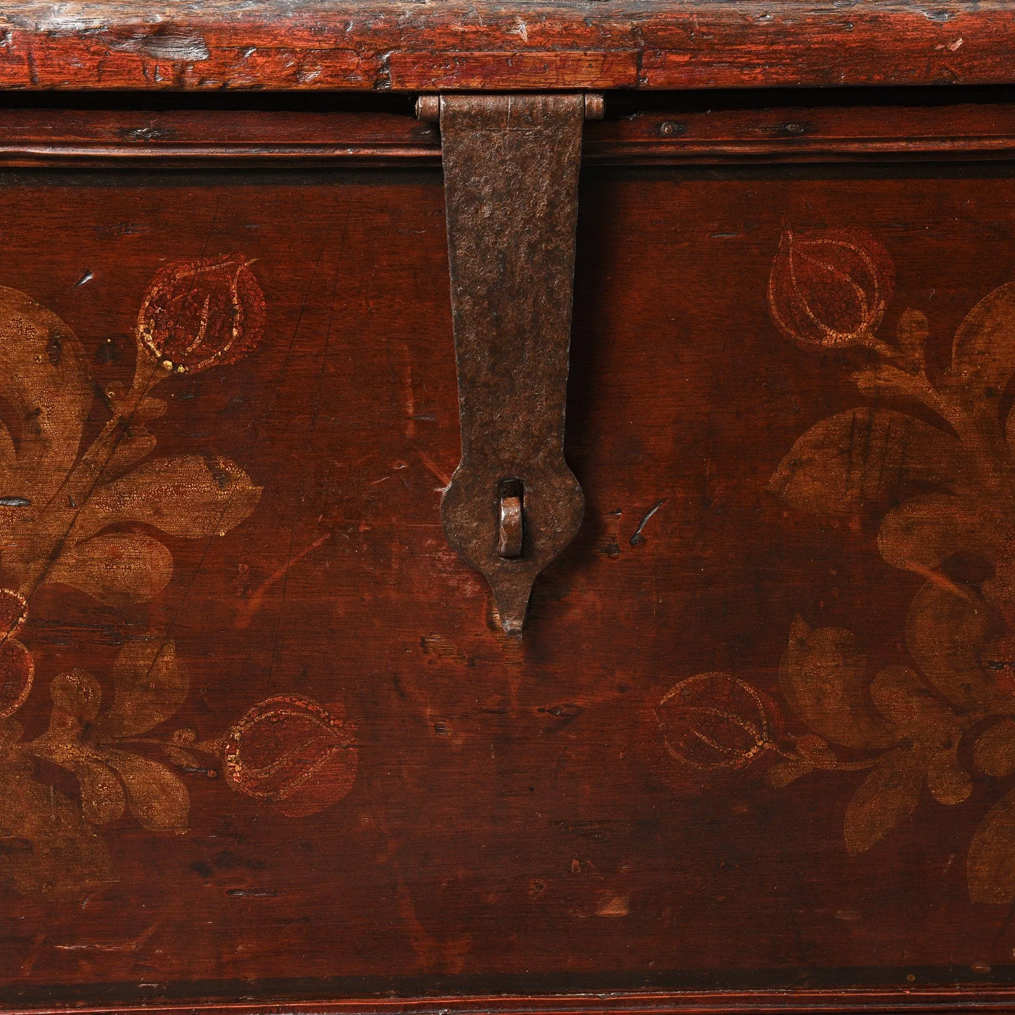 Teak Chest From South India With Original Floral Paint-19thC