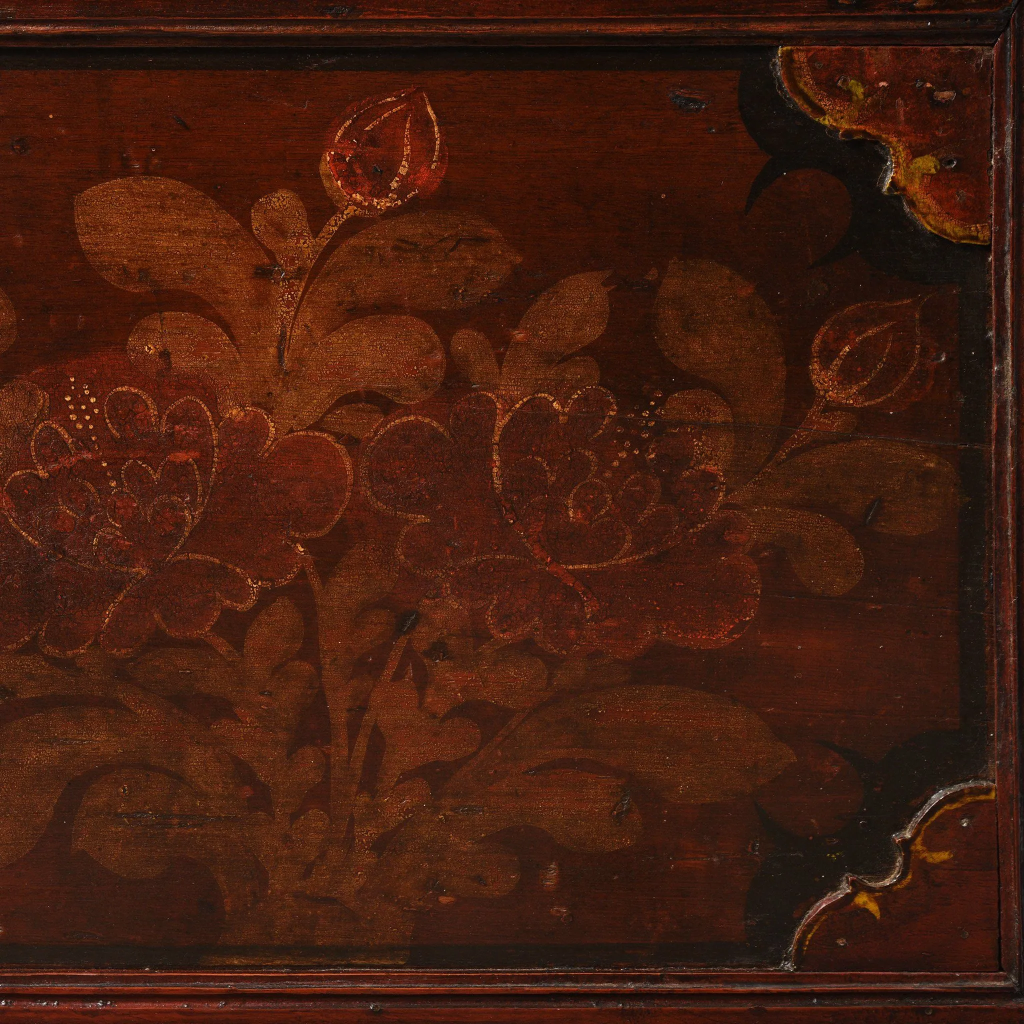 Teak Chest From South India With Original Floral Paint-19thC