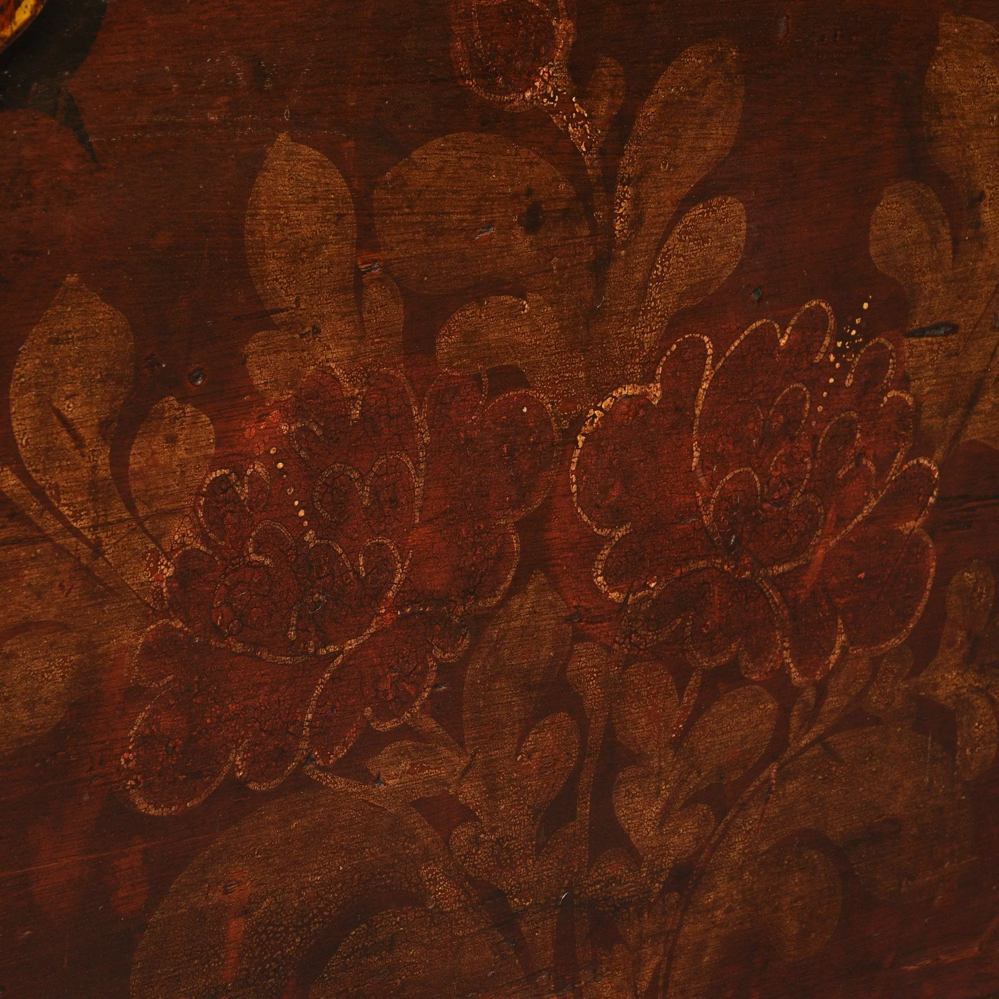 Teak Chest From South India With Original Floral Paint-19thC