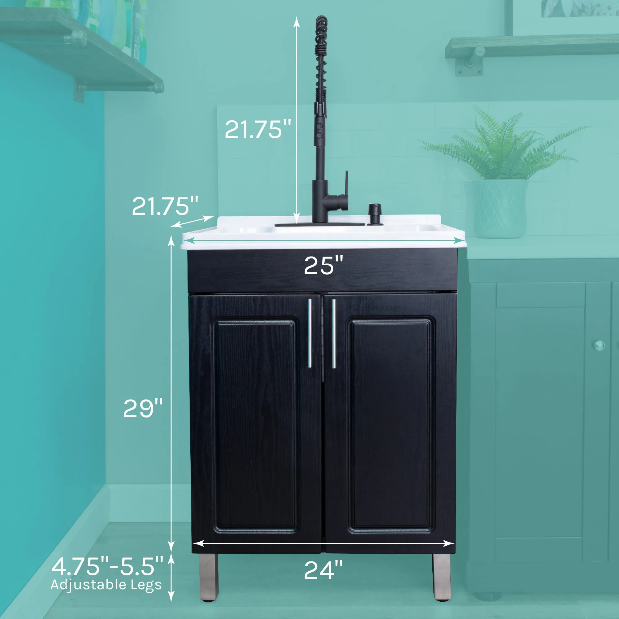 Tehila Black Vanity Cabinet and White Utility Sink with Black Finish High-Arc Coil Pull-Down Faucet