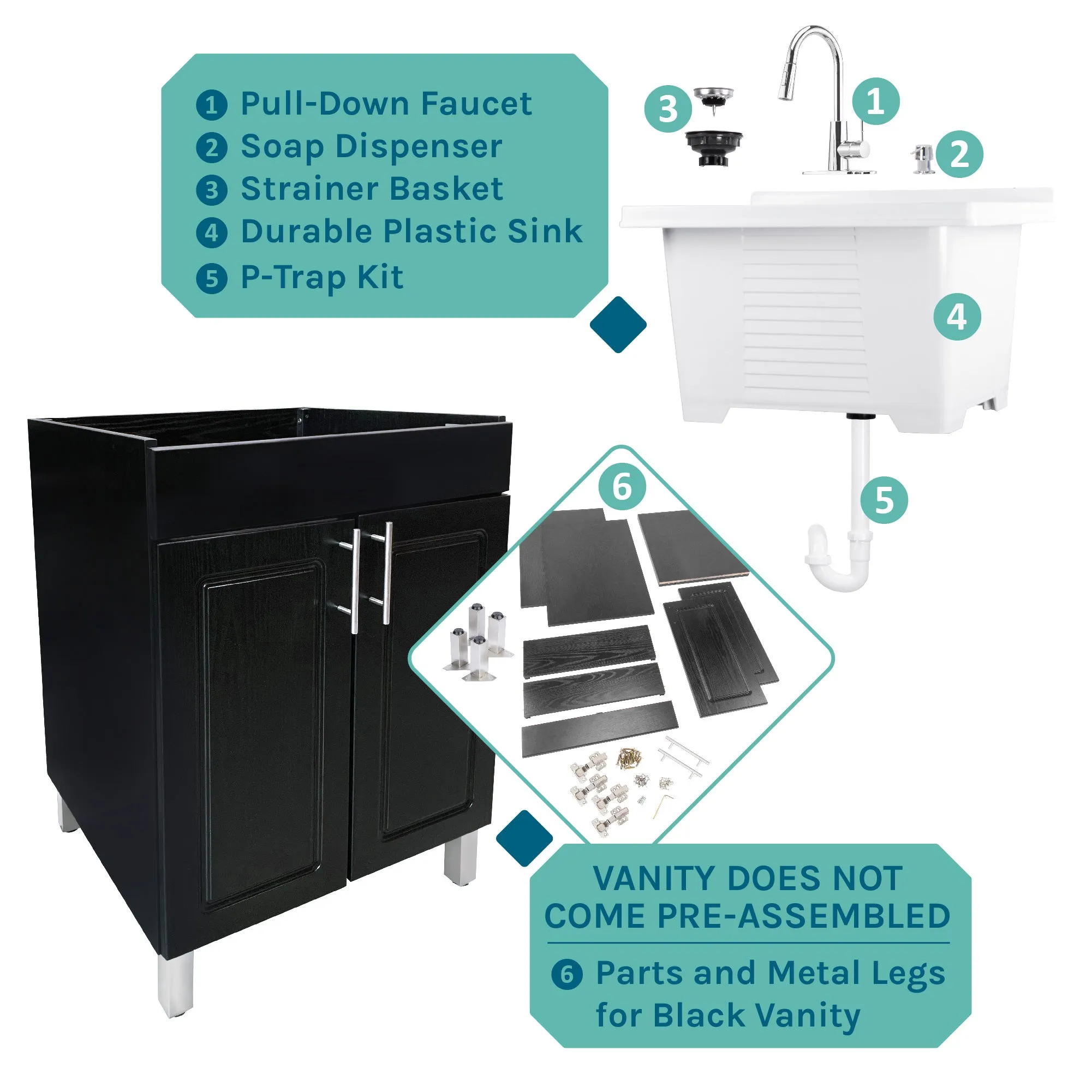 Tehila Black Vanity Cabinet and White Utility Sink with Chrome Finish High-Arc Pull-Down Faucet