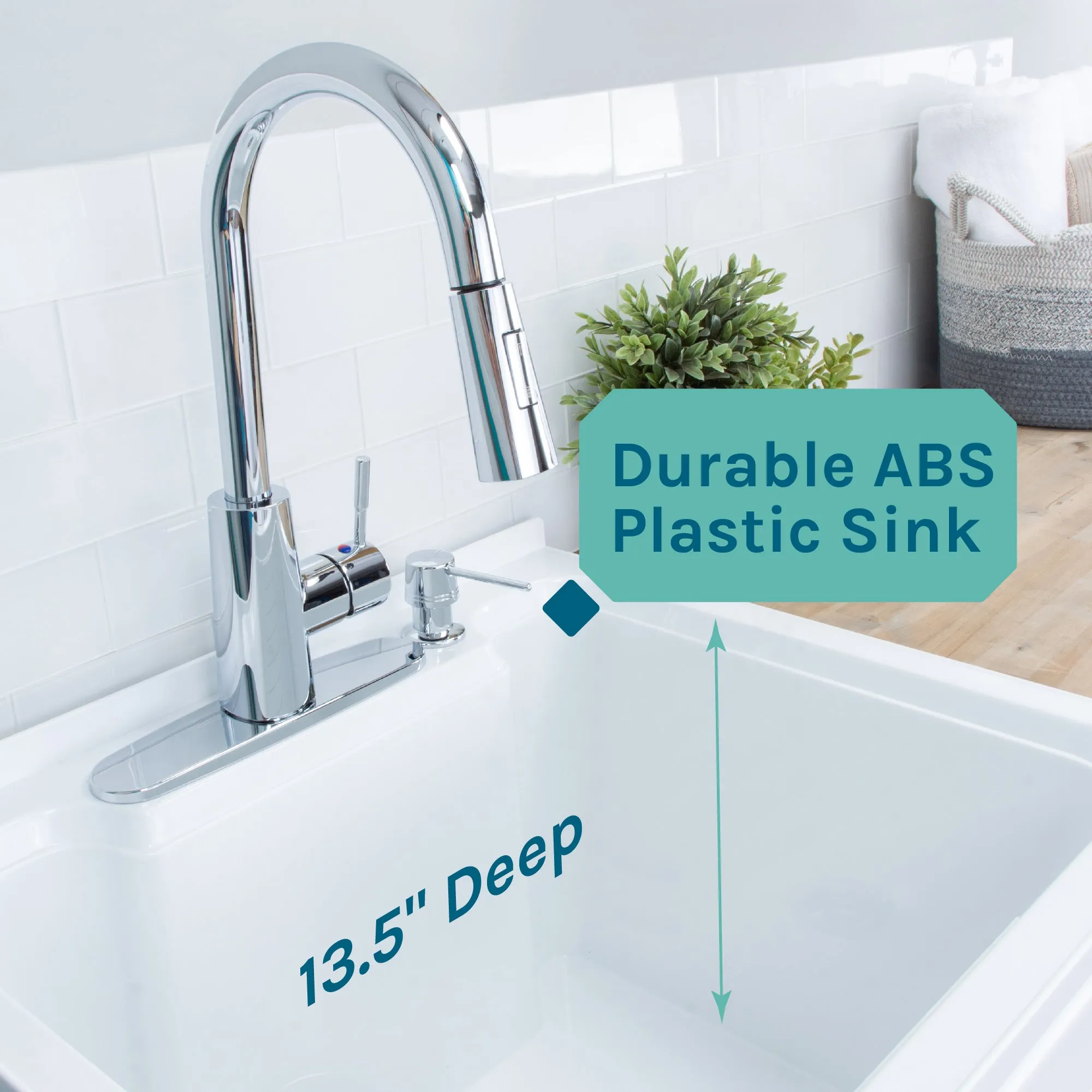 Tehila White Vanity Cabinet and White Utility Sink with Chrome Finish High-Arc Pull-Down Faucet