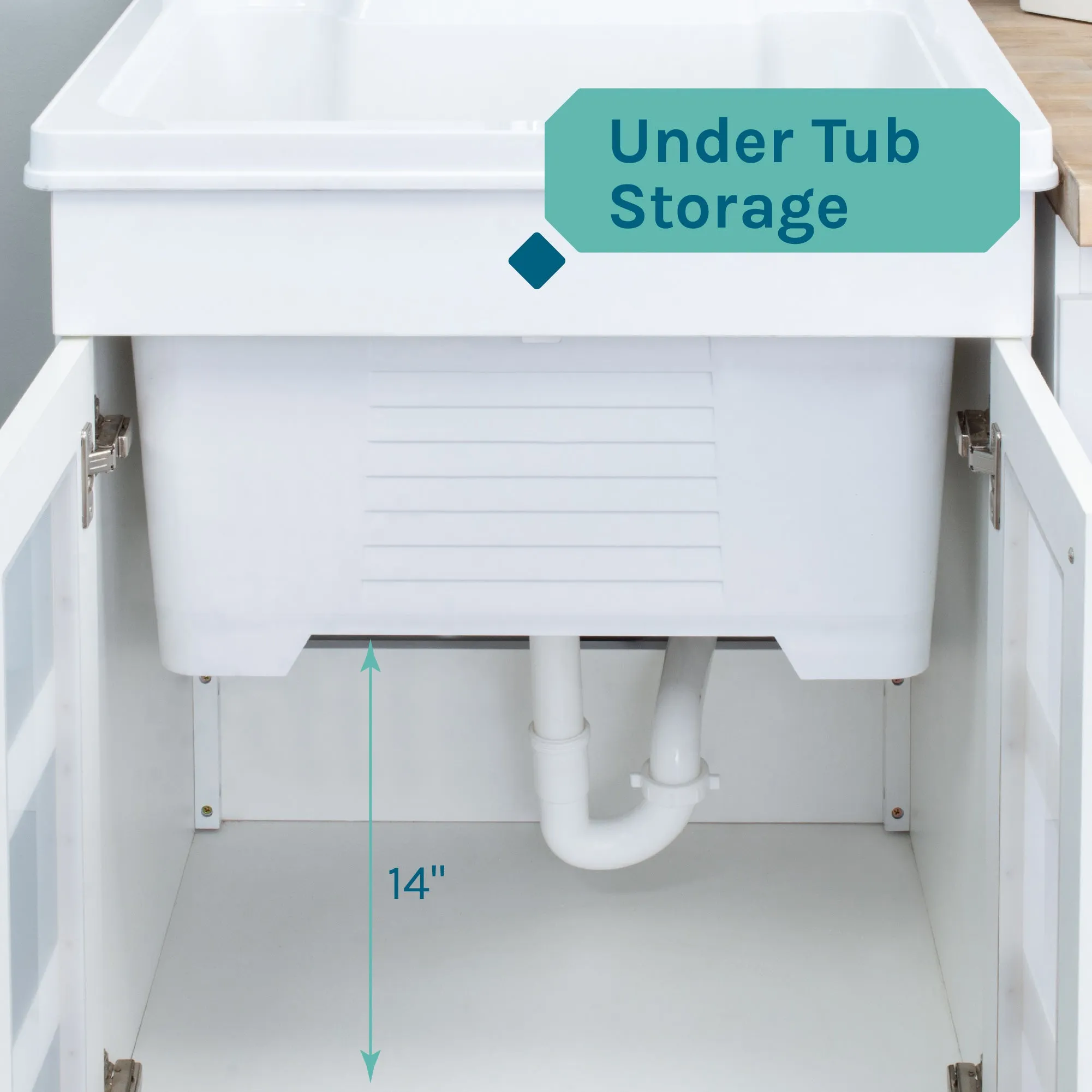 Tehila White Vanity Cabinet and White Utility Sink with Chrome Finish High-Arc Pull-Down Faucet