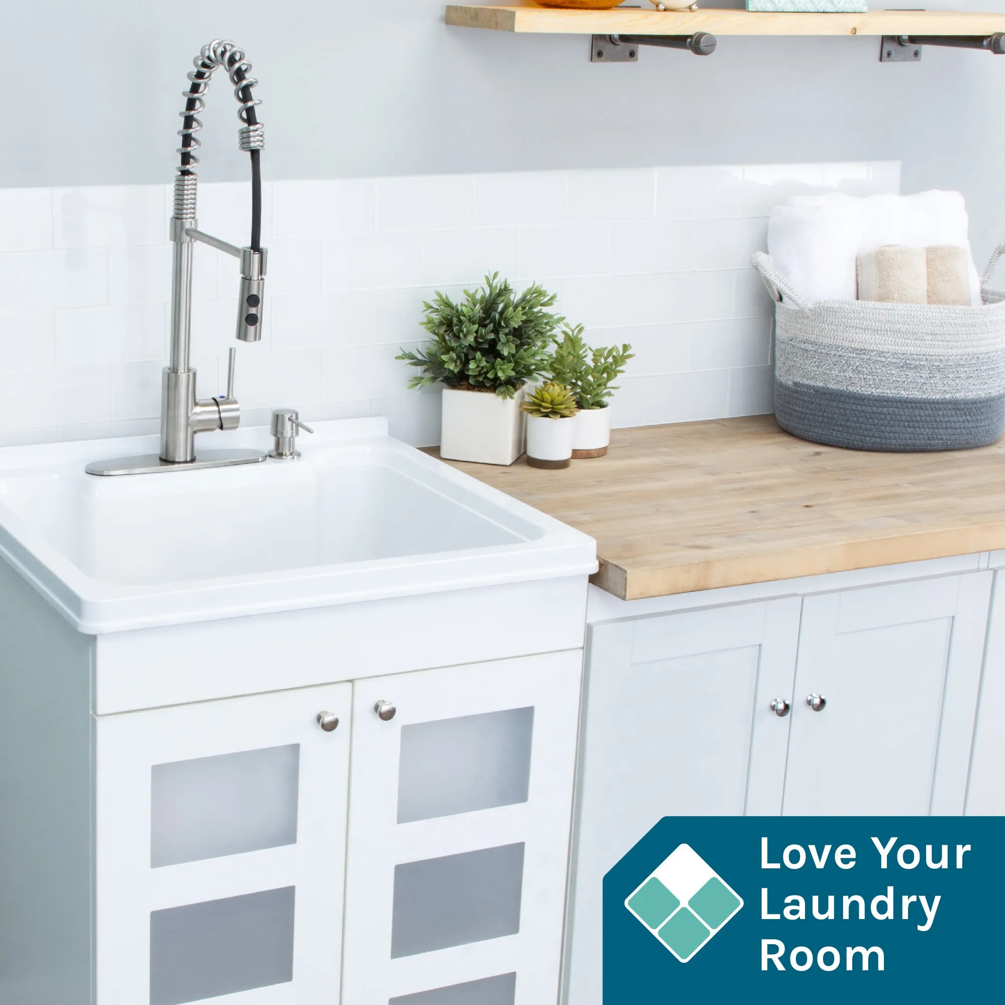 Tehila White Vanity Cabinet and White Utility Sink with Stainless Steel Finish High-Arc Coil Pull-Down Faucet