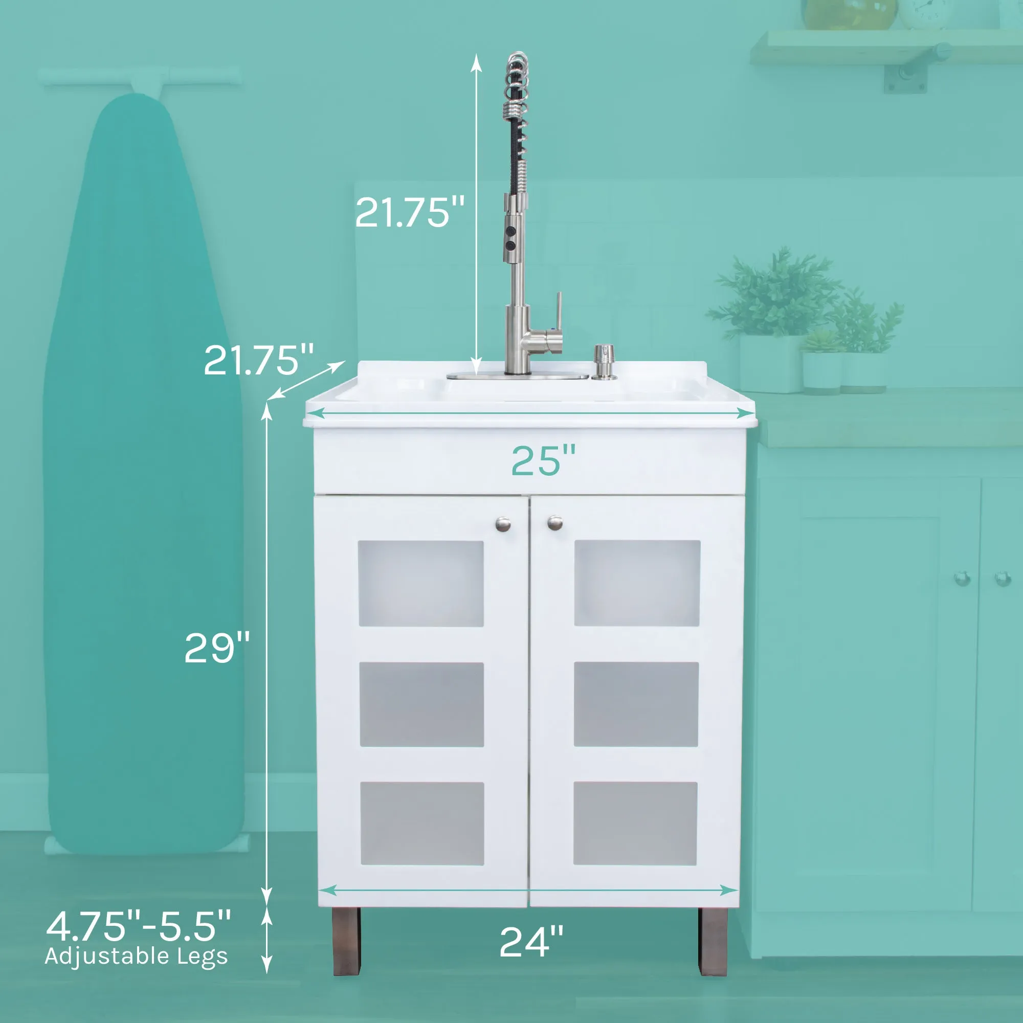Tehila White Vanity Cabinet and White Utility Sink with Stainless Steel Finish High-Arc Coil Pull-Down Faucet