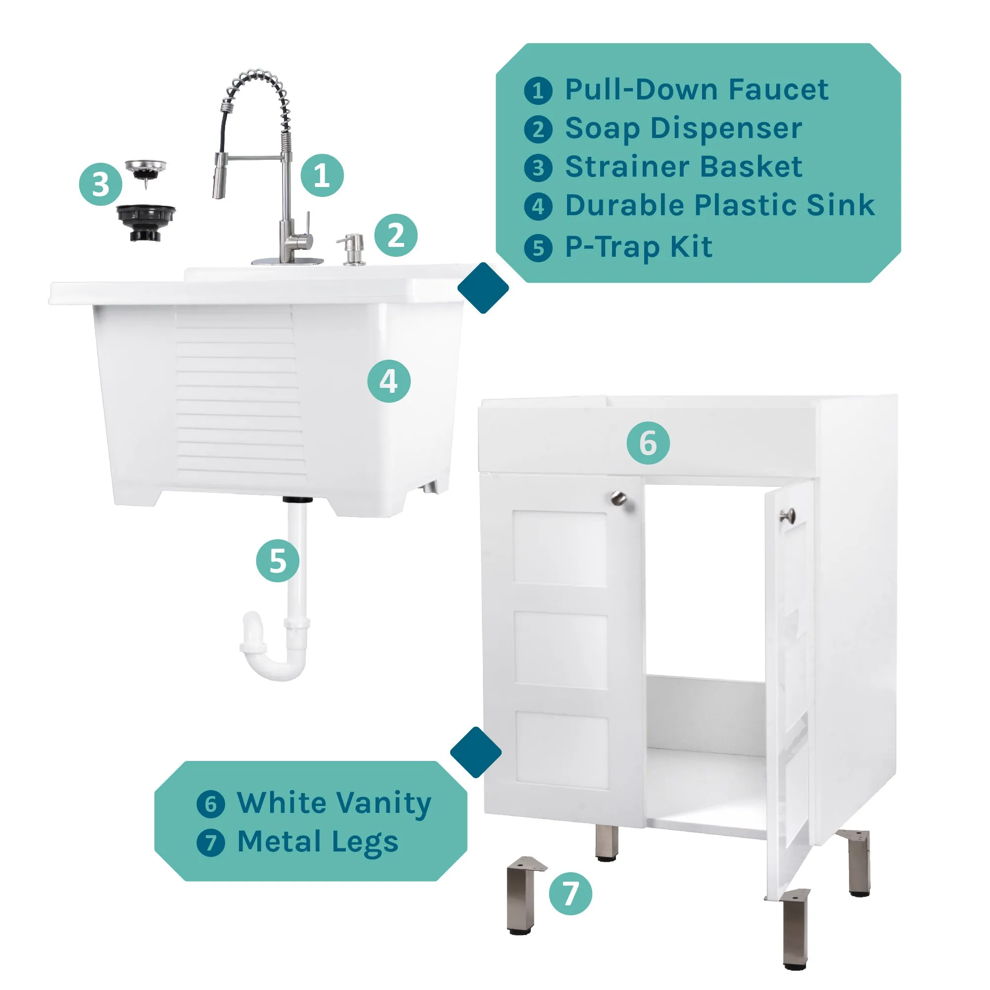 Tehila White Vanity Cabinet and White Utility Sink with Stainless Steel Finish High-Arc Coil Pull-Down Faucet