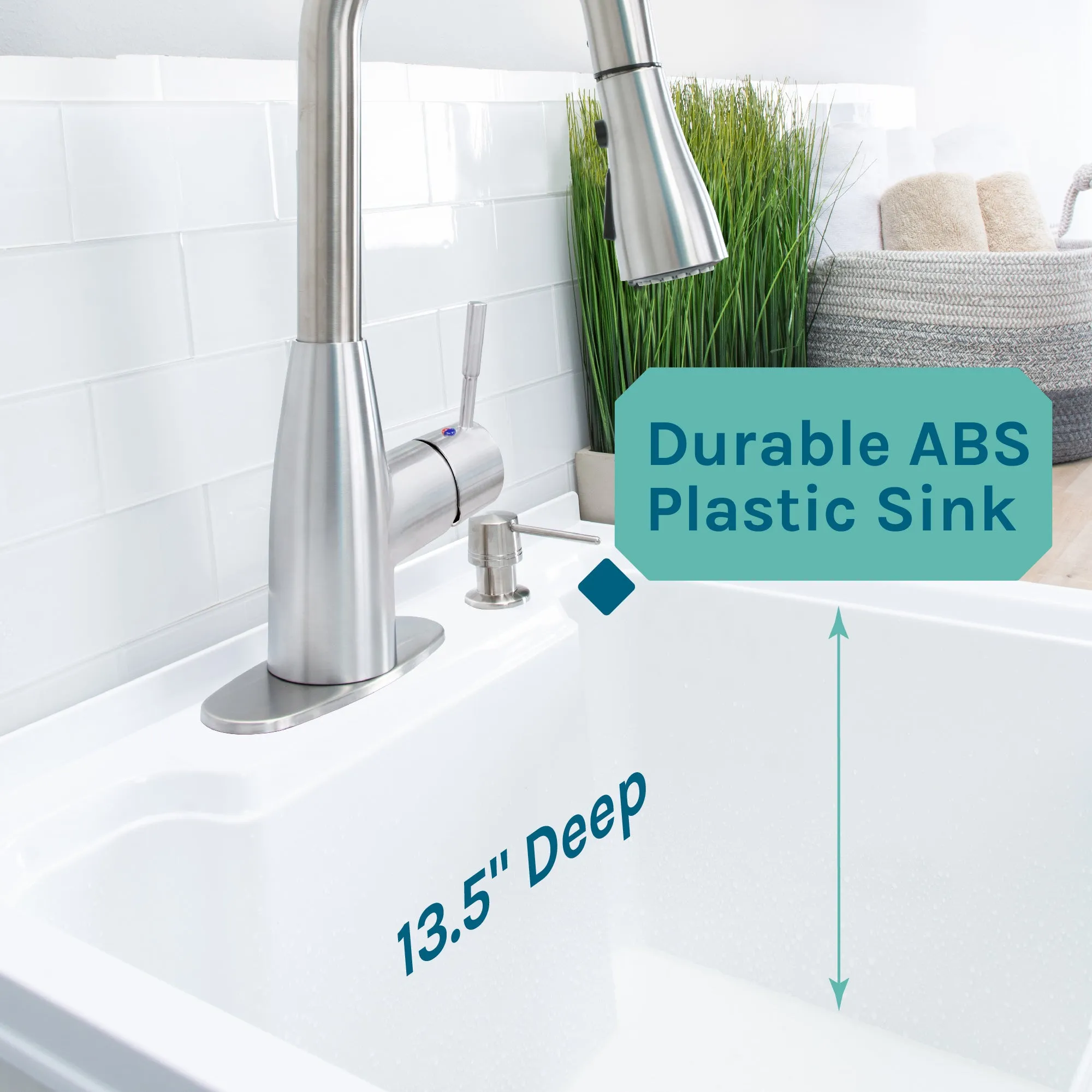Tehila White Vanity Cabinet and White Utility Sink with Stainless Steel Finish Low-Profile Pull-Down Faucet