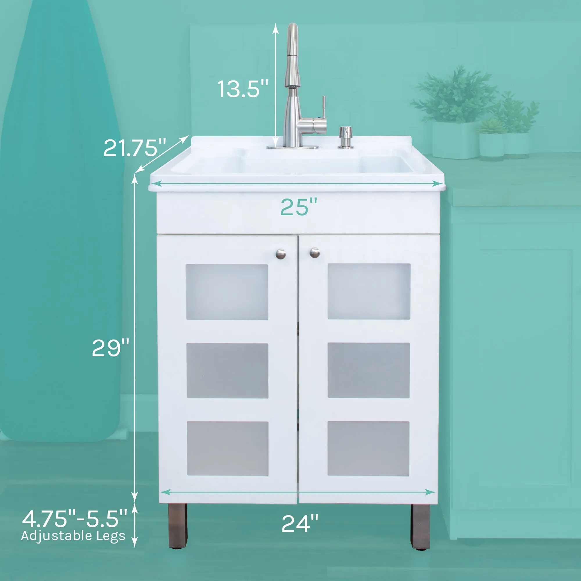 Tehila White Vanity Cabinet and White Utility Sink with Stainless Steel Finish Low-Profile Pull-Down Faucet