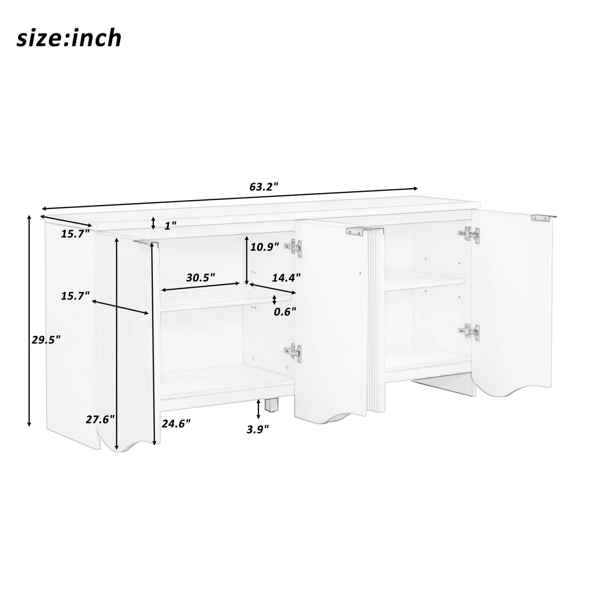 Vertical Stripes and Wavy Design of a Four-Door Cabinet Cabinet Suitable for Hallway, Entryway, Living Room