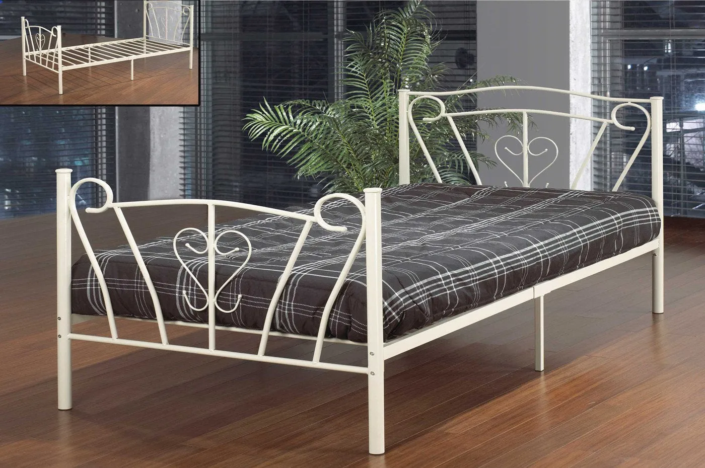 White Metal Platform Bed with Cursive Design