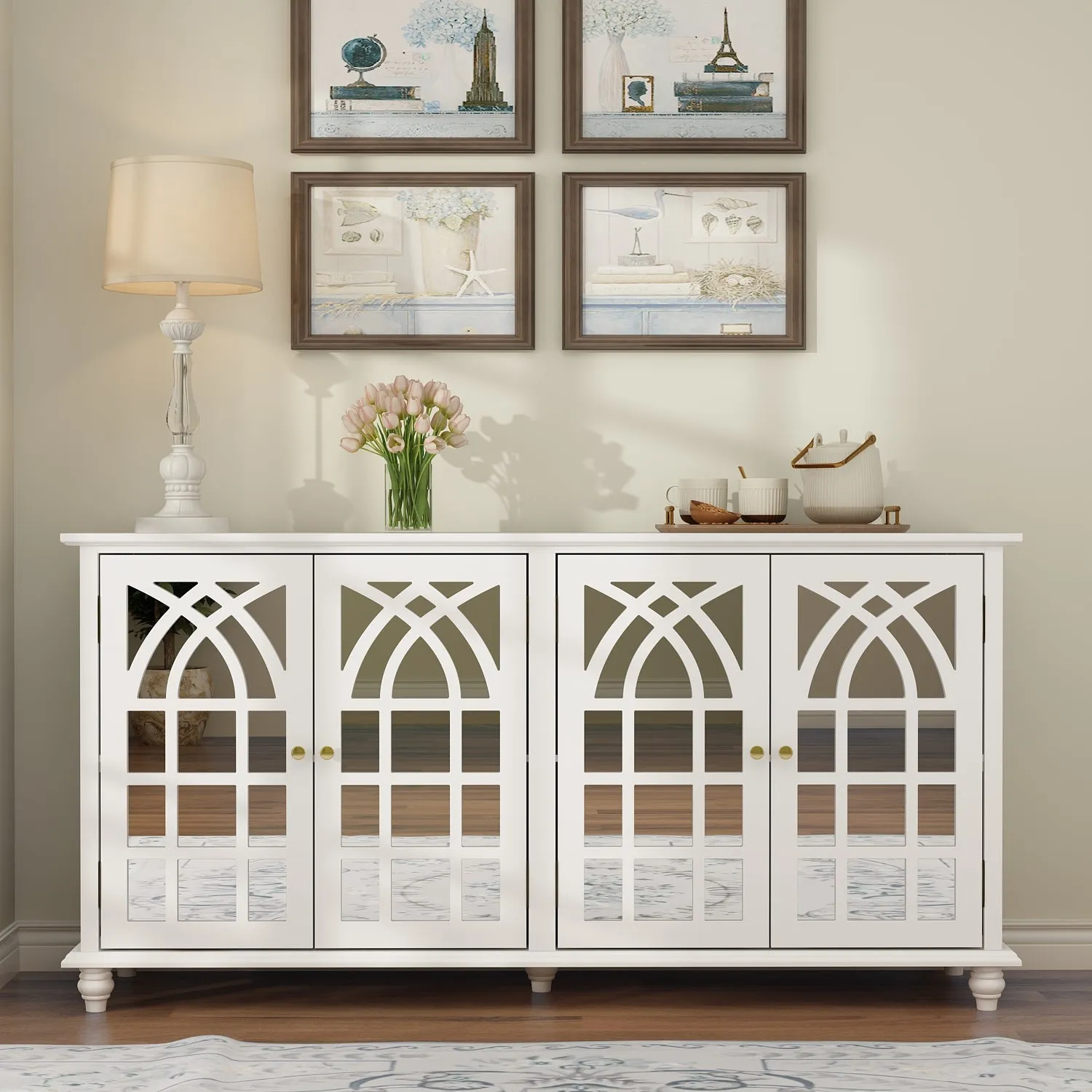 Wood Storage Cabinet Modern Sideboard Stand with 4 Mirrored Glass Doors