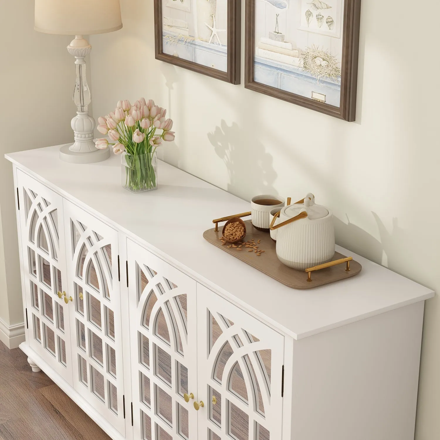 Wood Storage Cabinet Modern Sideboard Stand with 4 Mirrored Glass Doors
