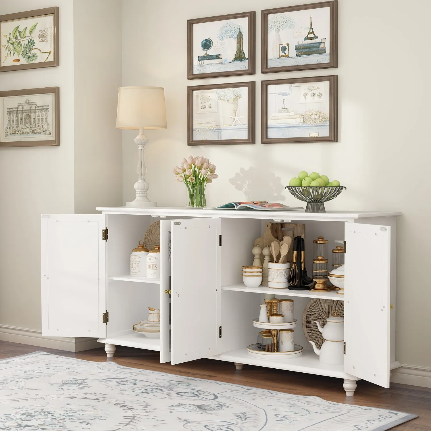 Wood Storage Cabinet Modern Sideboard Stand with 4 Mirrored Glass Doors
