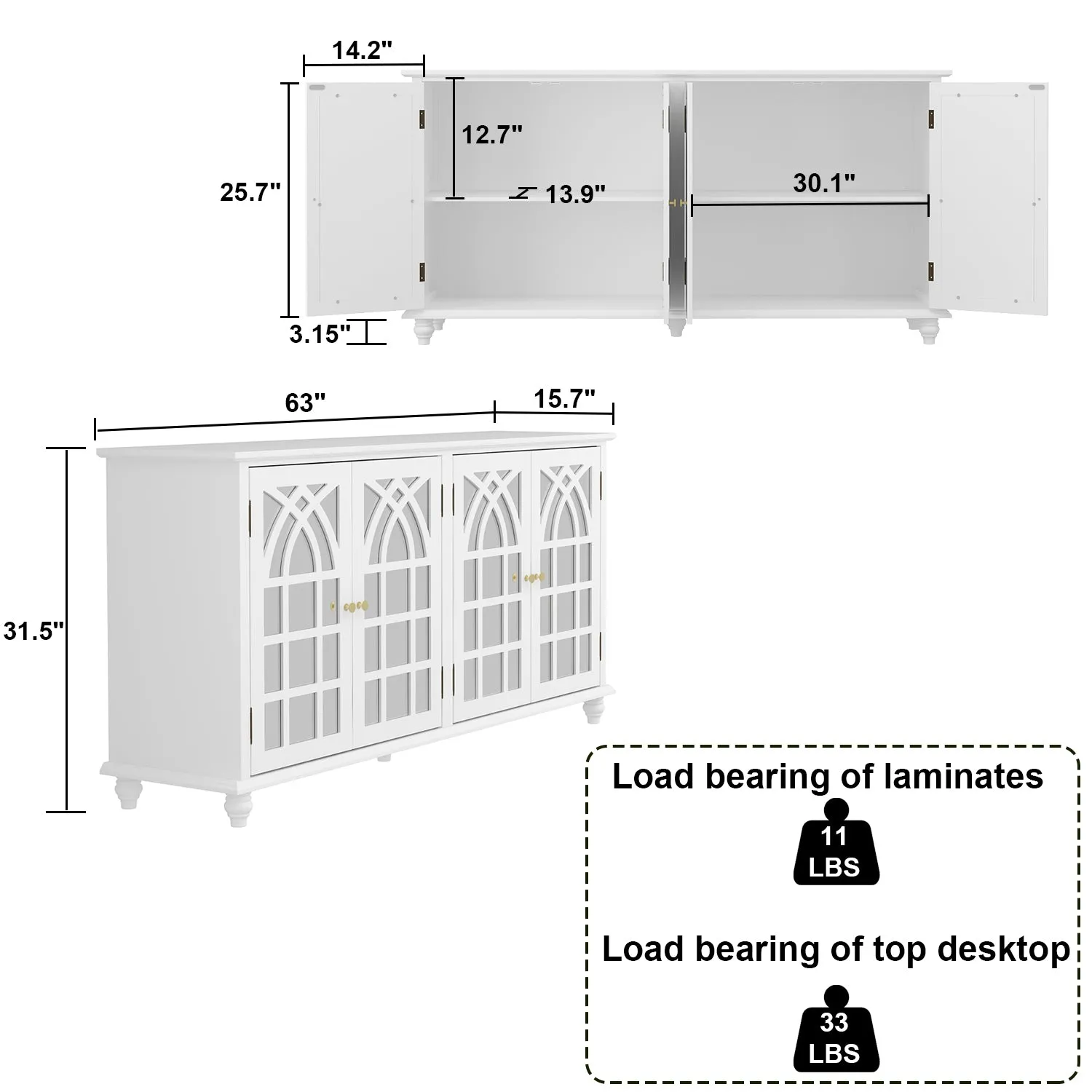 Wood Storage Cabinet Modern Sideboard Stand with 4 Mirrored Glass Doors
