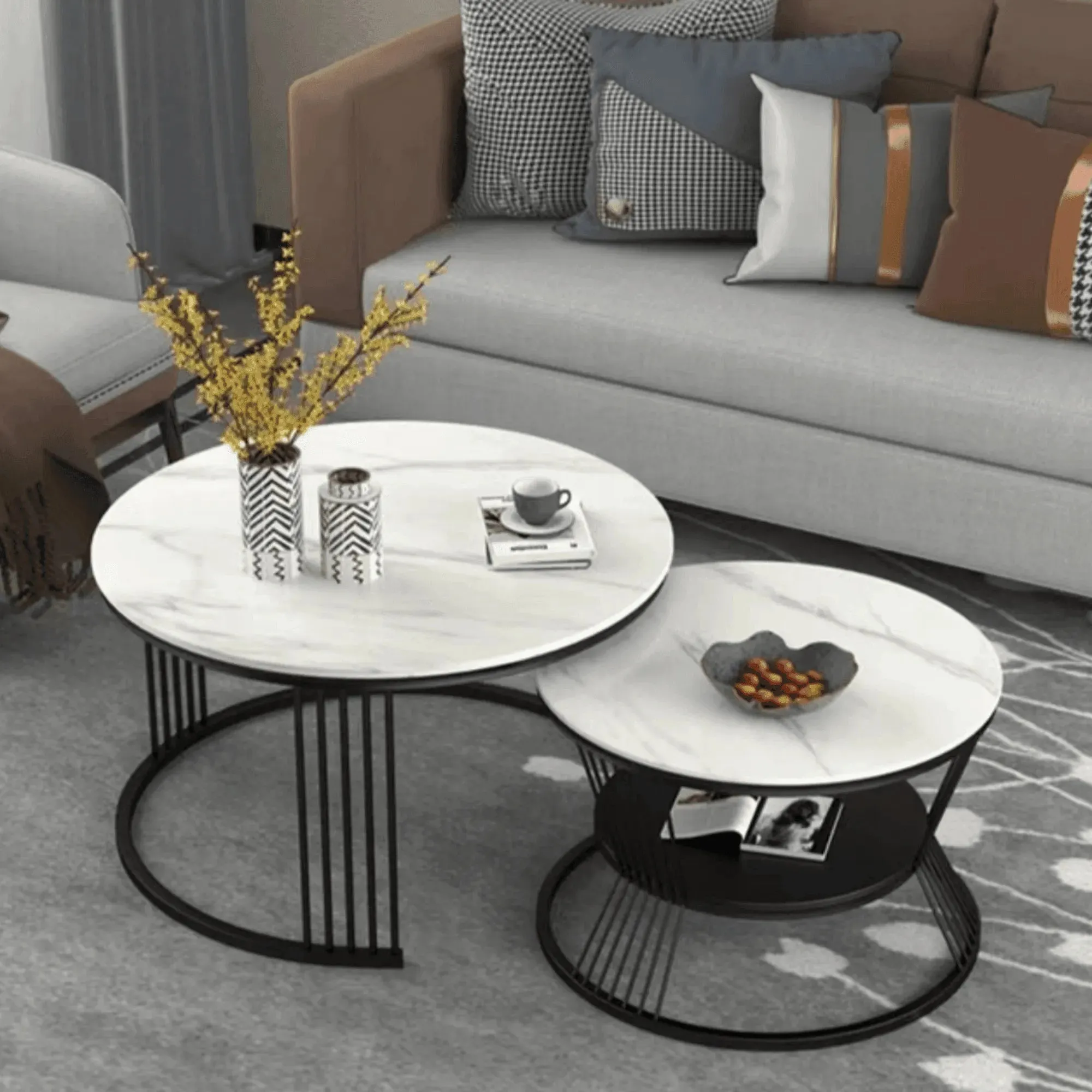Wooden Twist Stylish Look Round Wrought Iron Coffee Table Set of 2 ( Golden )