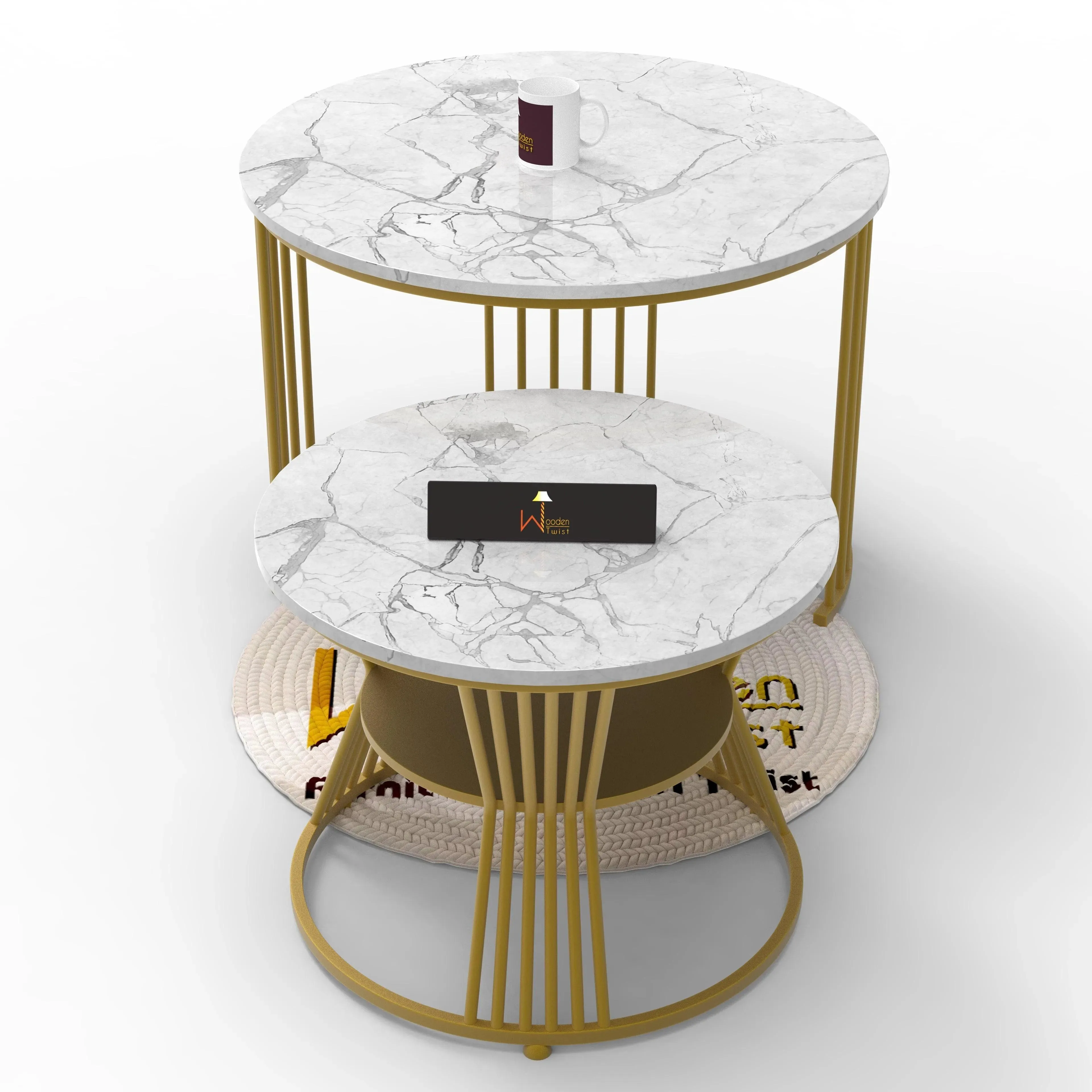Wooden Twist Stylish Look Round Wrought Iron Coffee Table Set of 2 ( Golden )