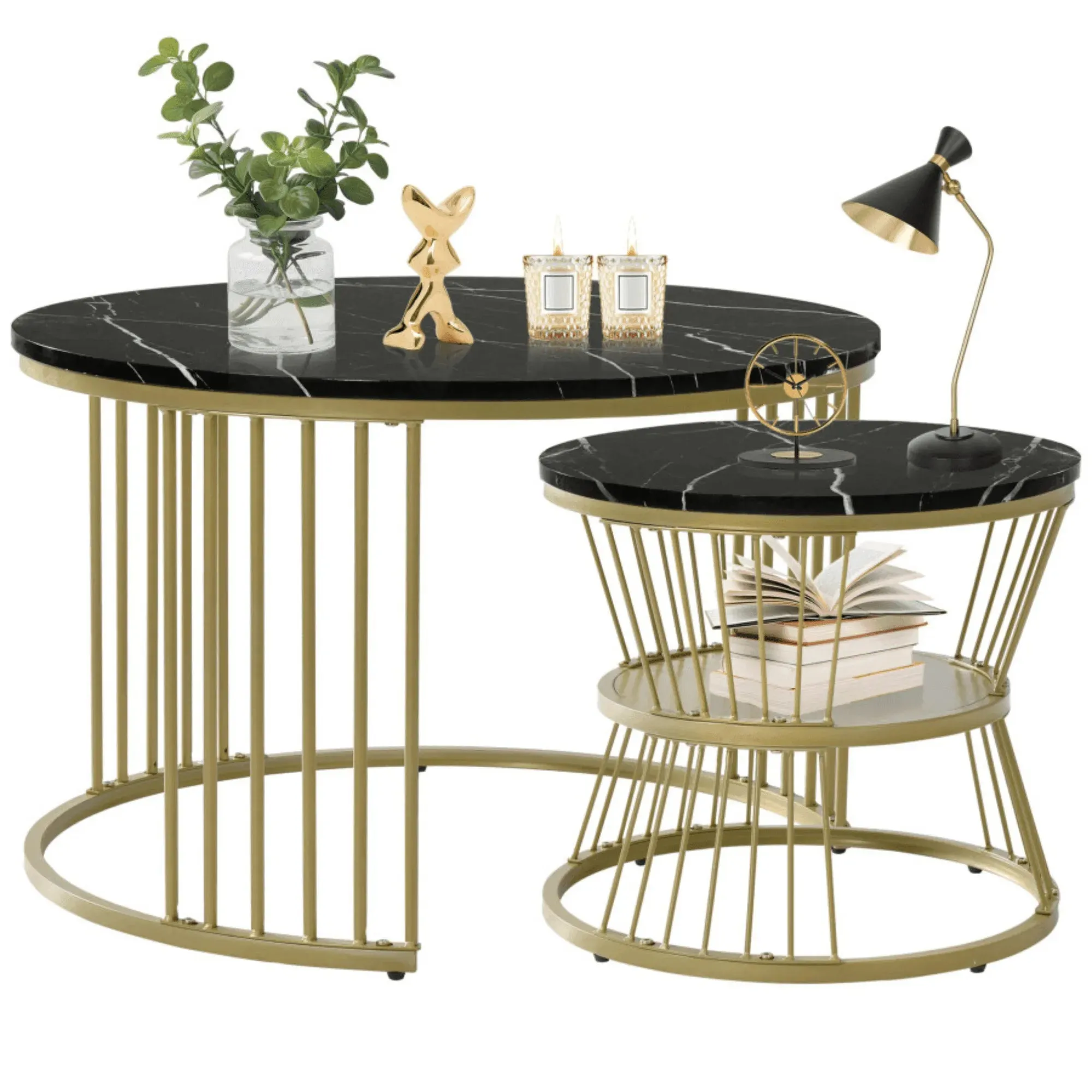 Wooden Twist Stylish Look Round Wrought Iron Coffee Table Set of 2 ( Golden )