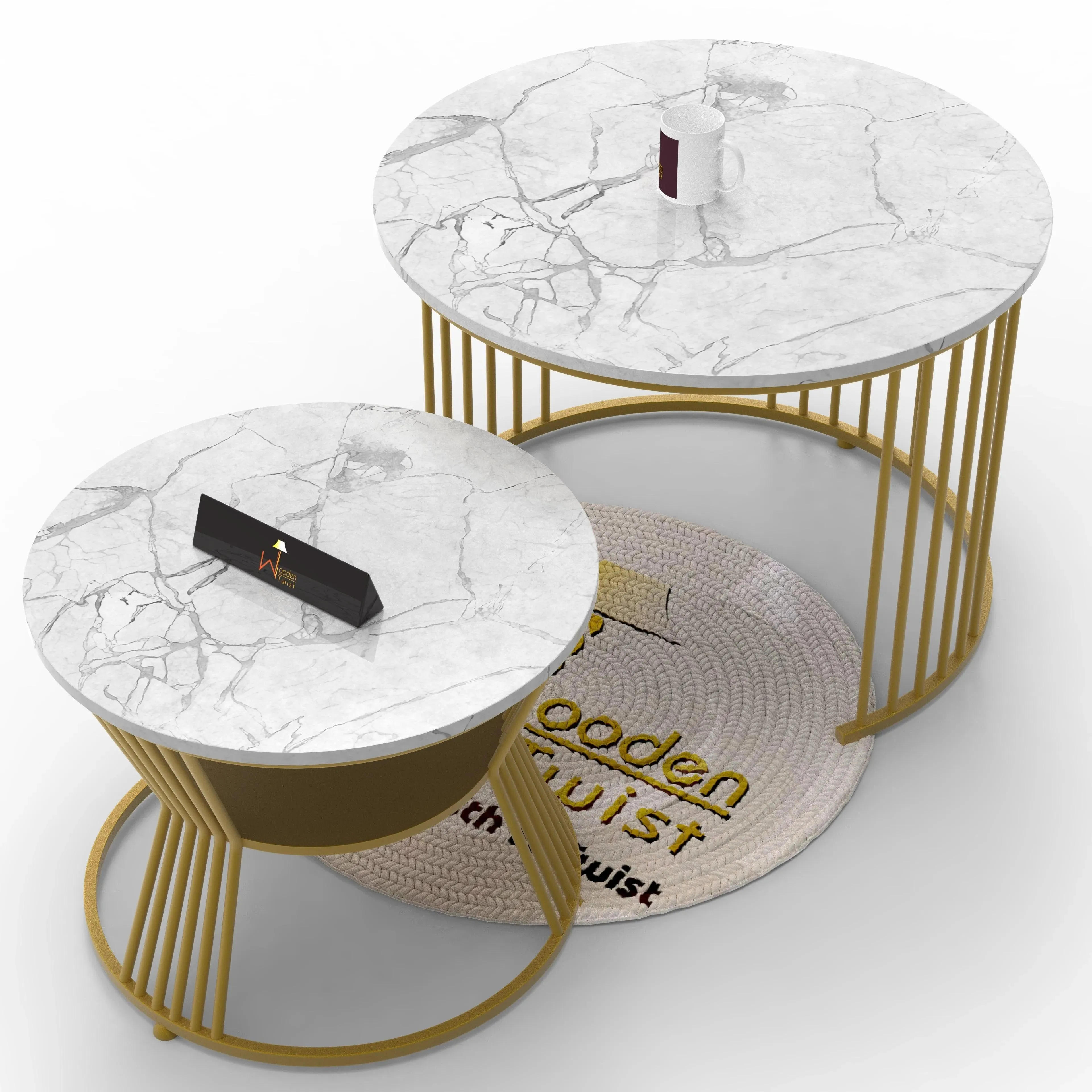 Wooden Twist Stylish Look Round Wrought Iron Coffee Table Set of 2 ( Golden )